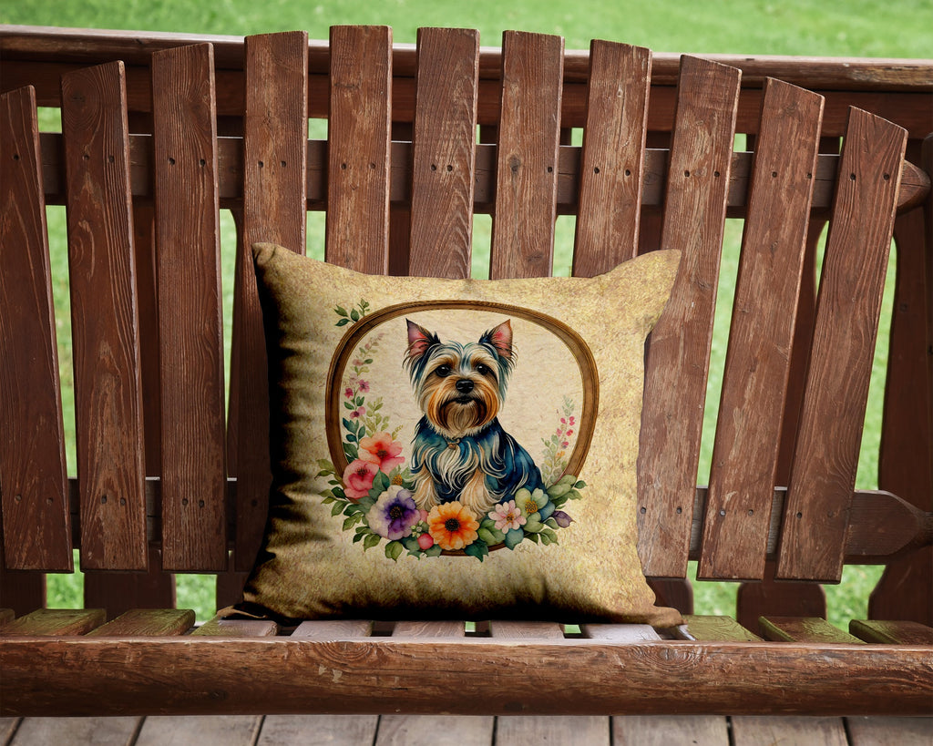 Silky Terrier and Flowers Decorative Throw Pillow 14x14 Indoor Outdoor Accent Cushion, Fabric Cover with Insert for Sofa, Bed, Porch & Living Room