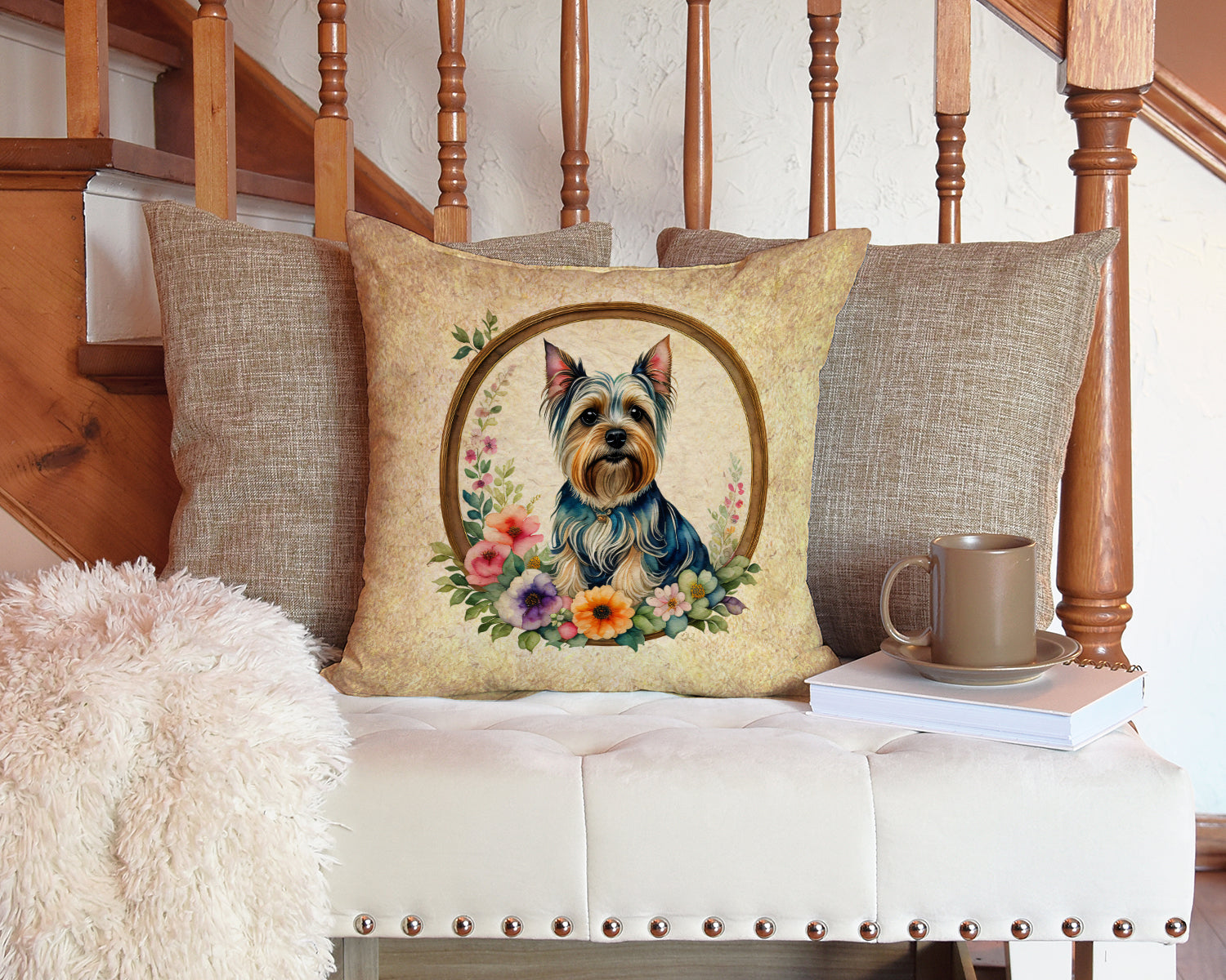 Silky Terrier and Flowers Decorative Throw Pillow 14x14 Indoor Outdoor Accent Cushion, Fabric Cover with Insert for Sofa, Bed, Porch & Living Room