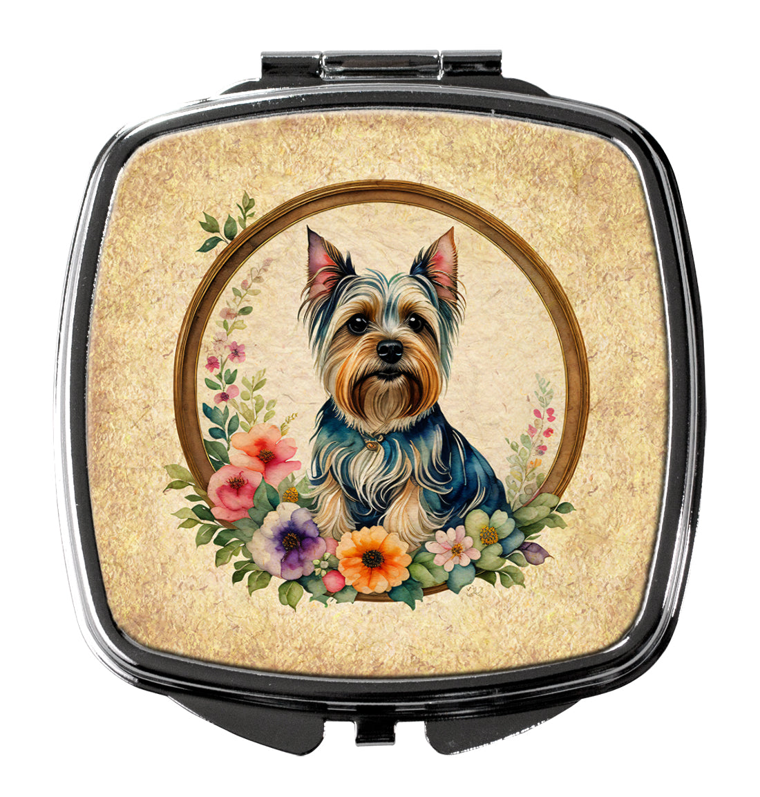Silky Terrier and Flowers Compact Mirror Decorative Travel Makeup Mirror for Women Girls Gifts Pocket Makeup Mirror Folding Handheld