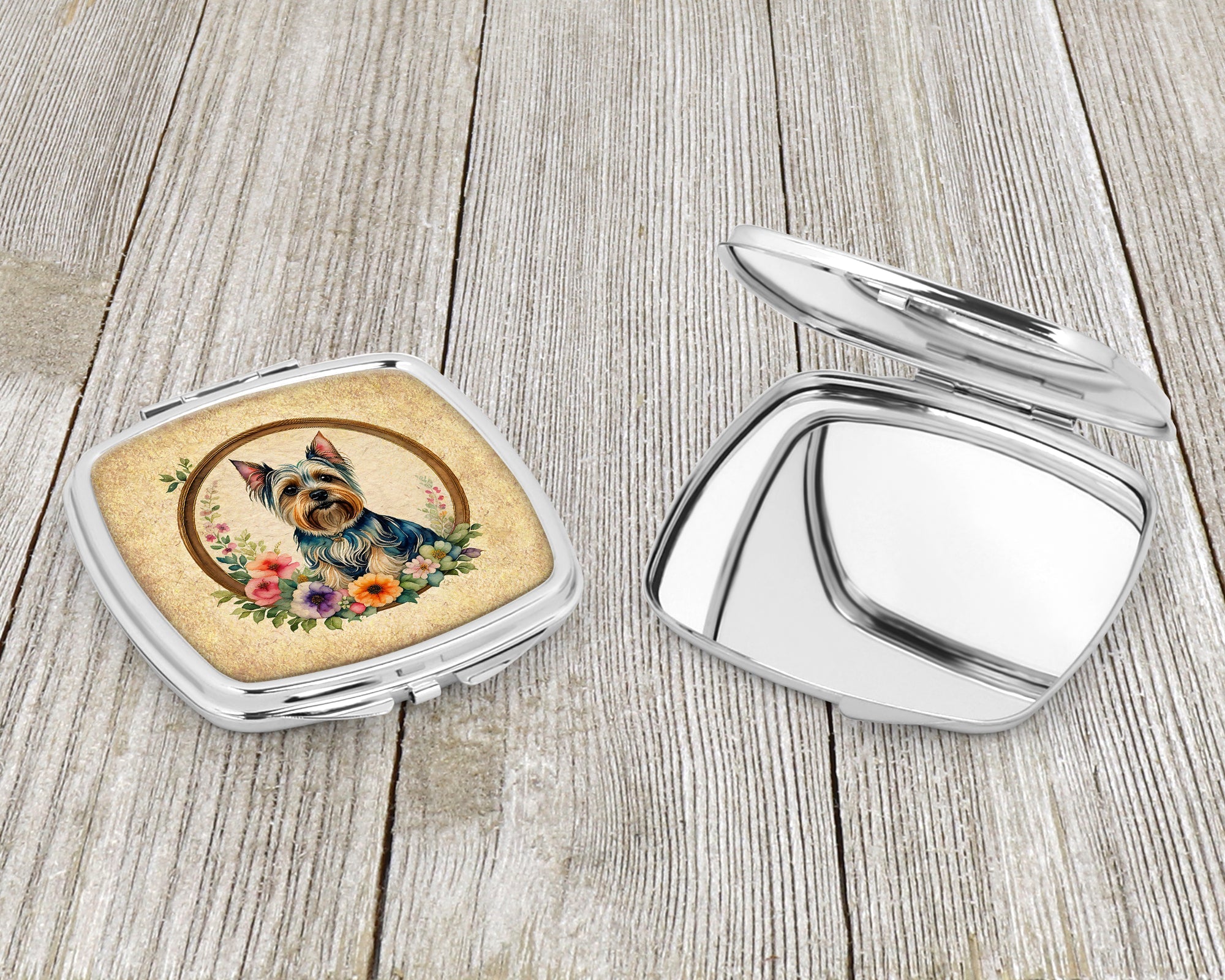 Silky Terrier and Flowers Compact Mirror Decorative Travel Makeup Mirror for Women Girls Gifts Pocket Makeup Mirror Folding Handheld
