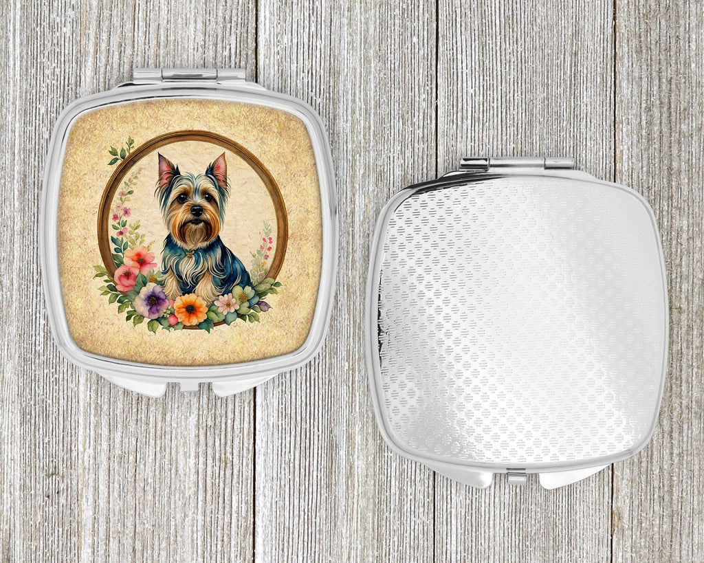 Silky Terrier and Flowers Compact Mirror Decorative Travel Makeup Mirror for Women Girls Gifts Pocket Makeup Mirror Folding Handheld