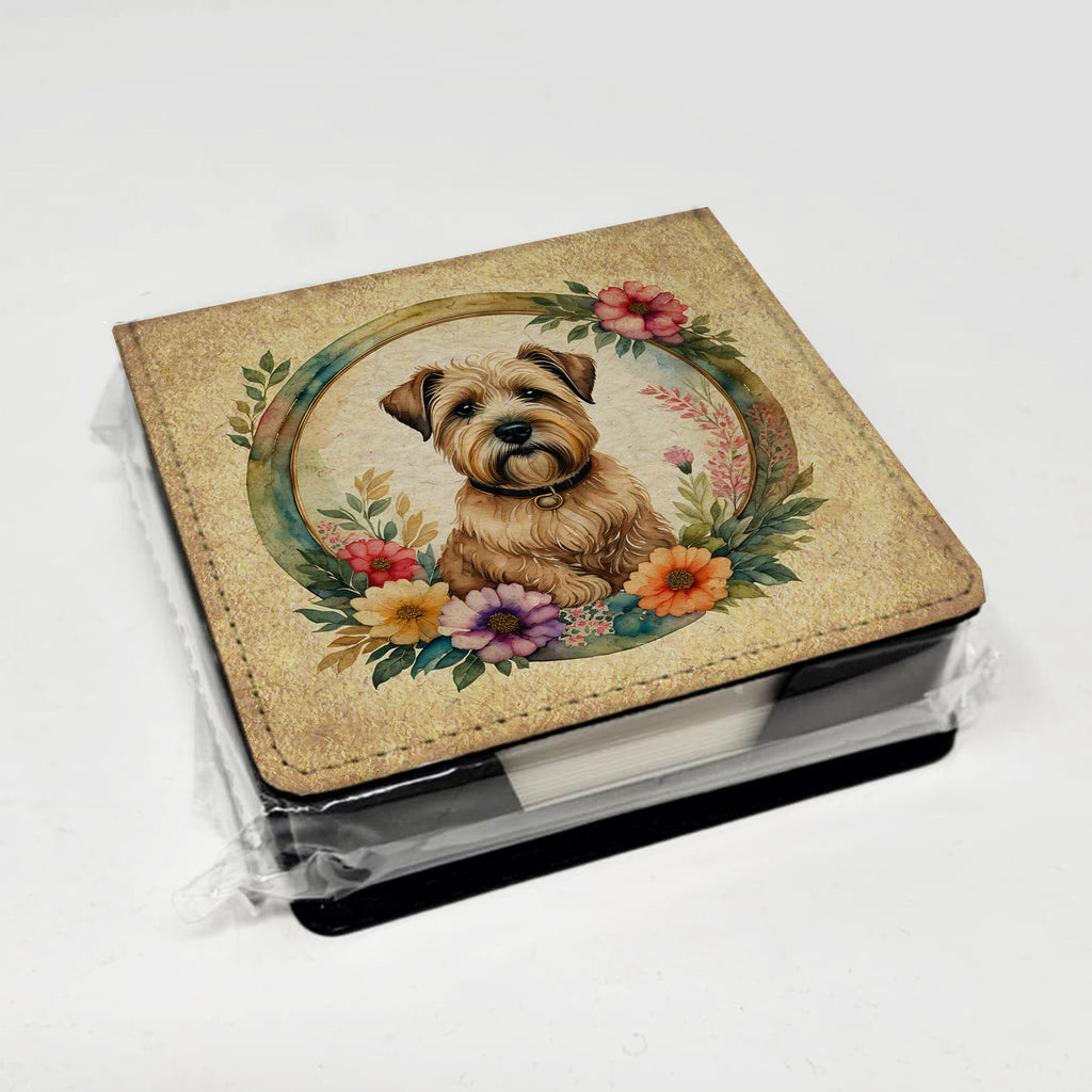 Wheaten Terrier and Flowers PU Leather Note Paper Holder with Artist-Designed Cover, Desk Accessory, Office Gift