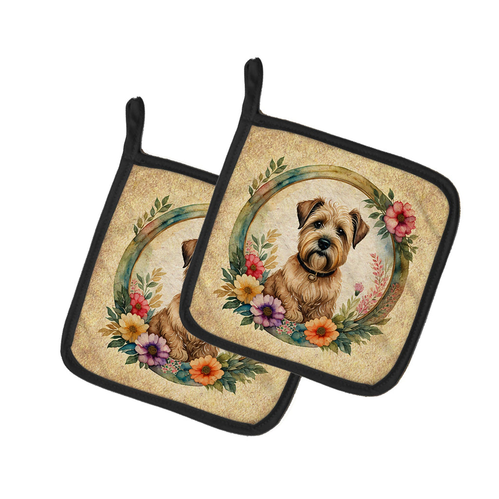 Wheaten Terrier and Flowers Pot Holder Set of 2 Heat Resistant Quilted Hot Pads 7.5 x 7.5 Inch, Insulated Kitchen Trivets for Cooking & Baking