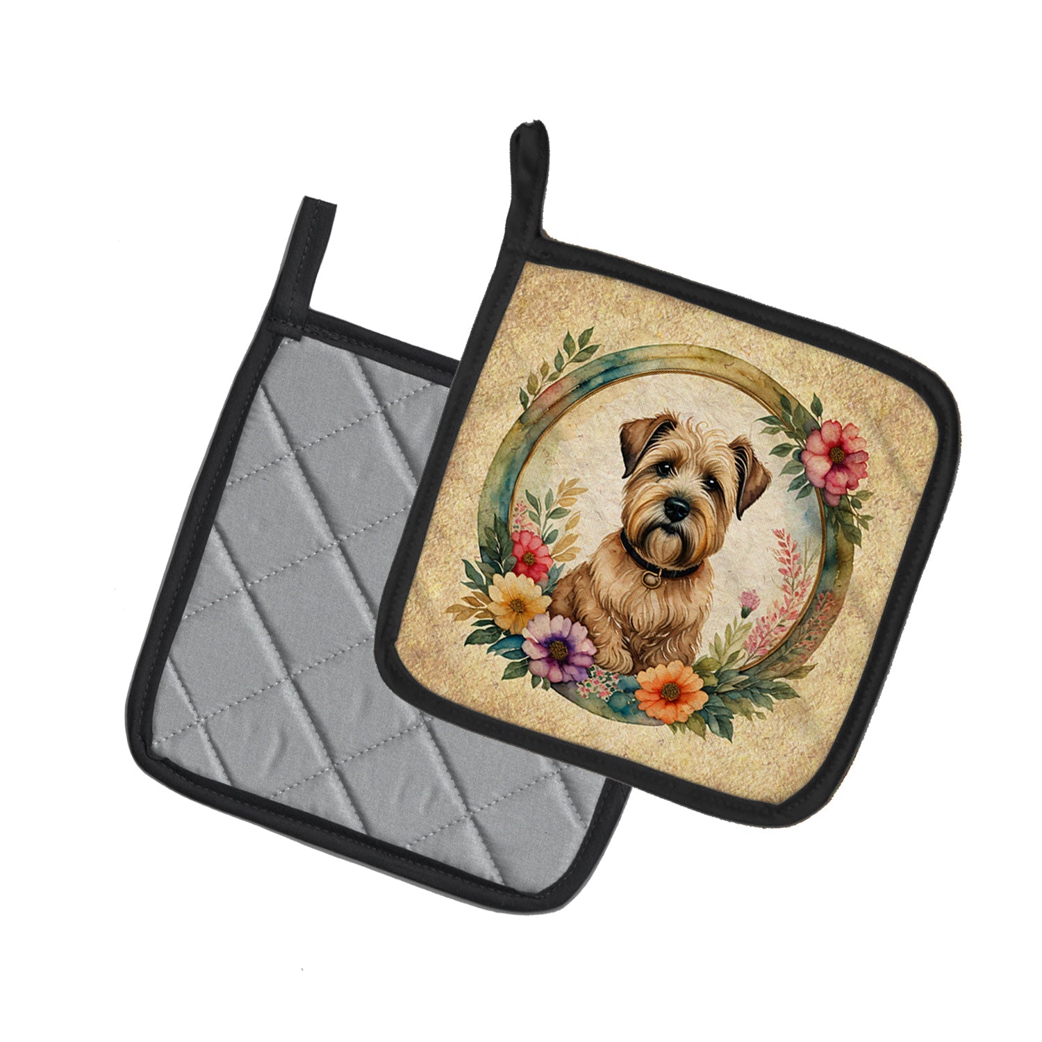 Wheaten Terrier and Flowers Pot Holder Set of 2 Heat Resistant Quilted Hot Pads 7.5 x 7.5 Inch, Insulated Kitchen Trivets for Cooking & Baking