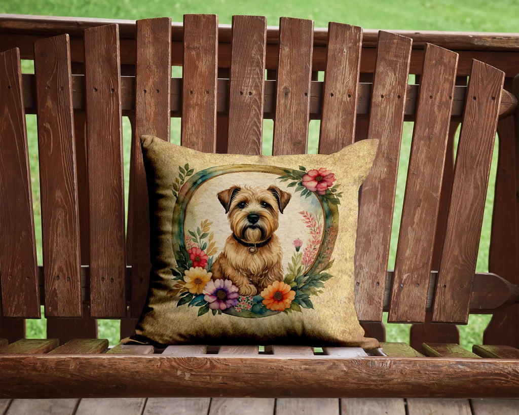 Wheaten Terrier and Flowers Decorative Throw Pillow 14x14 Indoor Outdoor Accent Cushion, Fabric Cover with Insert for Sofa, Bed, Porch & Living Room