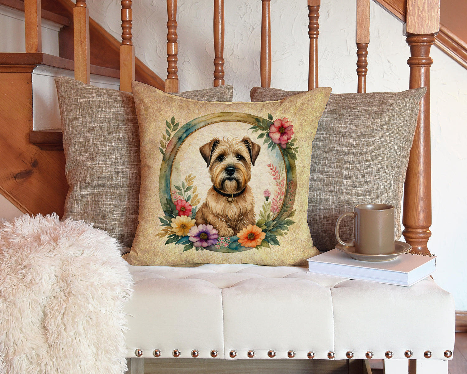 Wheaten Terrier and Flowers Decorative Throw Pillow 14x14 Indoor Outdoor Accent Cushion, Fabric Cover with Insert for Sofa, Bed, Porch & Living Room