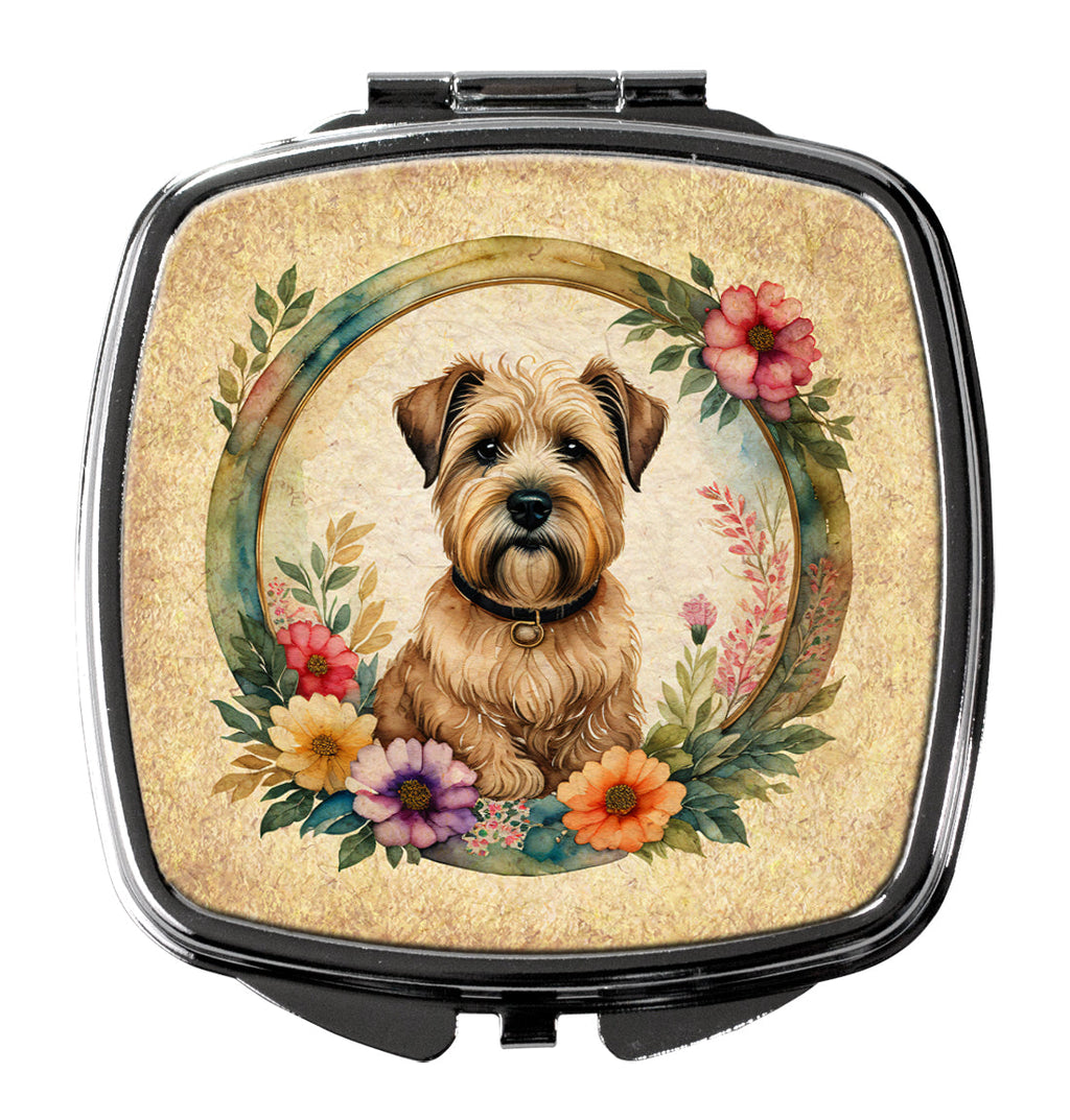 Wheaten Terrier and Flowers Compact Mirror Decorative Travel Makeup Mirror for Women Girls Gifts Pocket Makeup Mirror Folding Handheld