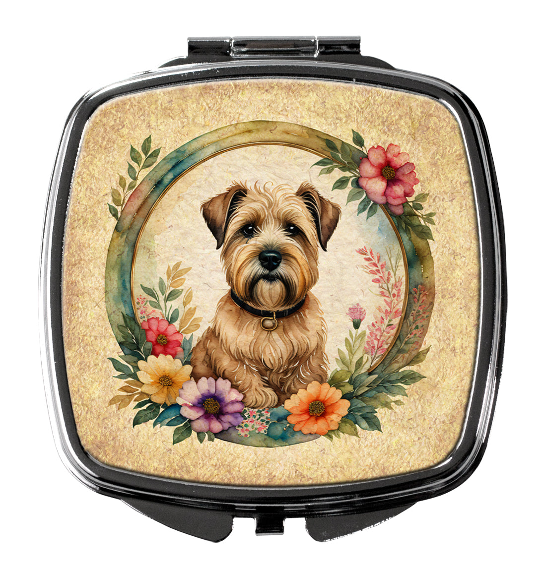 Wheaten Terrier and Flowers Compact Mirror Decorative Travel Makeup Mirror for Women Girls Gifts Pocket Makeup Mirror Folding Handheld