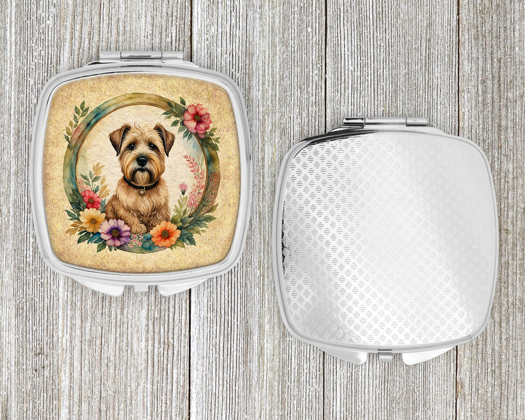 Wheaten Terrier and Flowers Compact Mirror Decorative Travel Makeup Mirror for Women Girls Gifts Pocket Makeup Mirror Folding Handheld