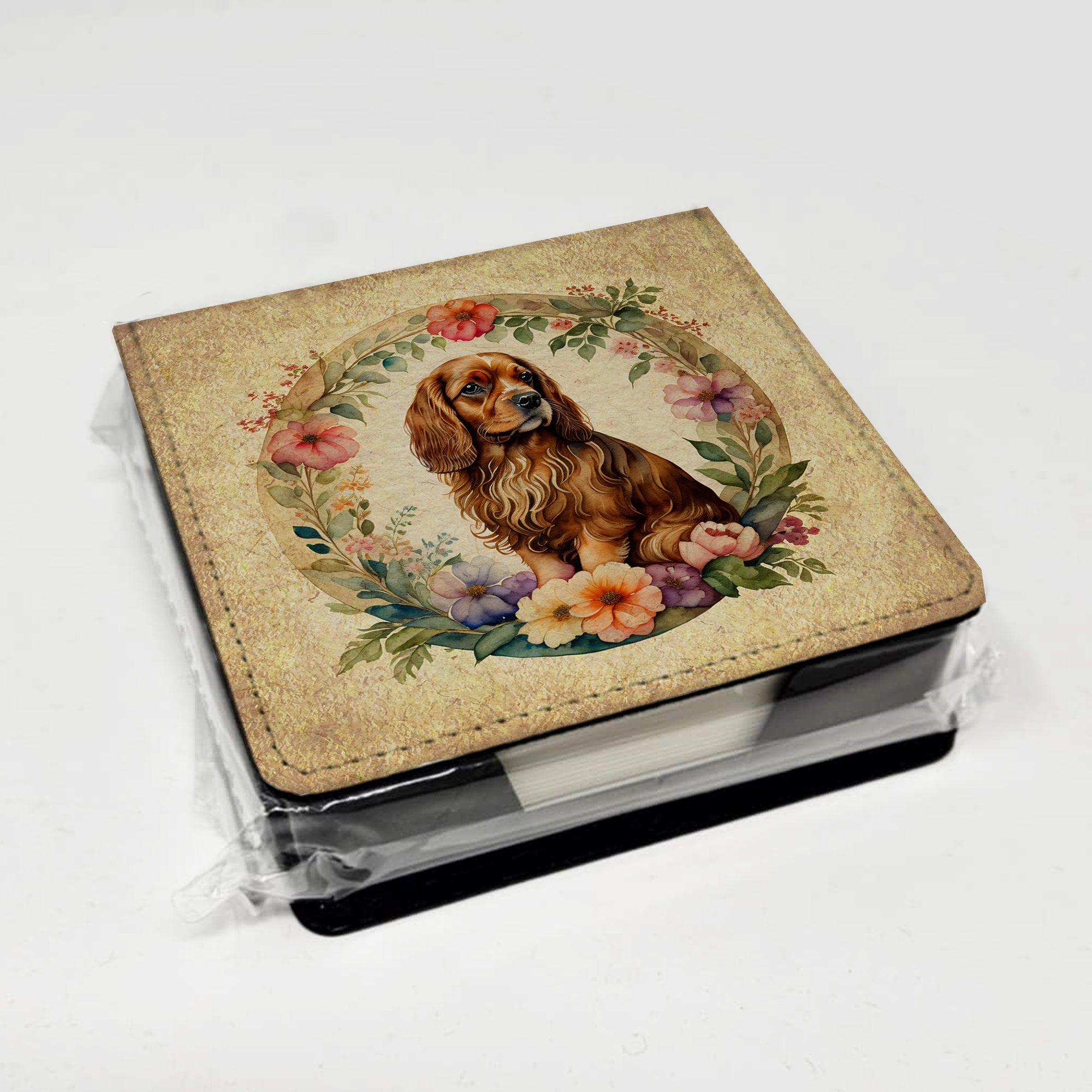 Sussex Spaniel and Flowers PU Leather Note Paper Holder with Artist-Designed Cover, Desk Accessory, Office Gift