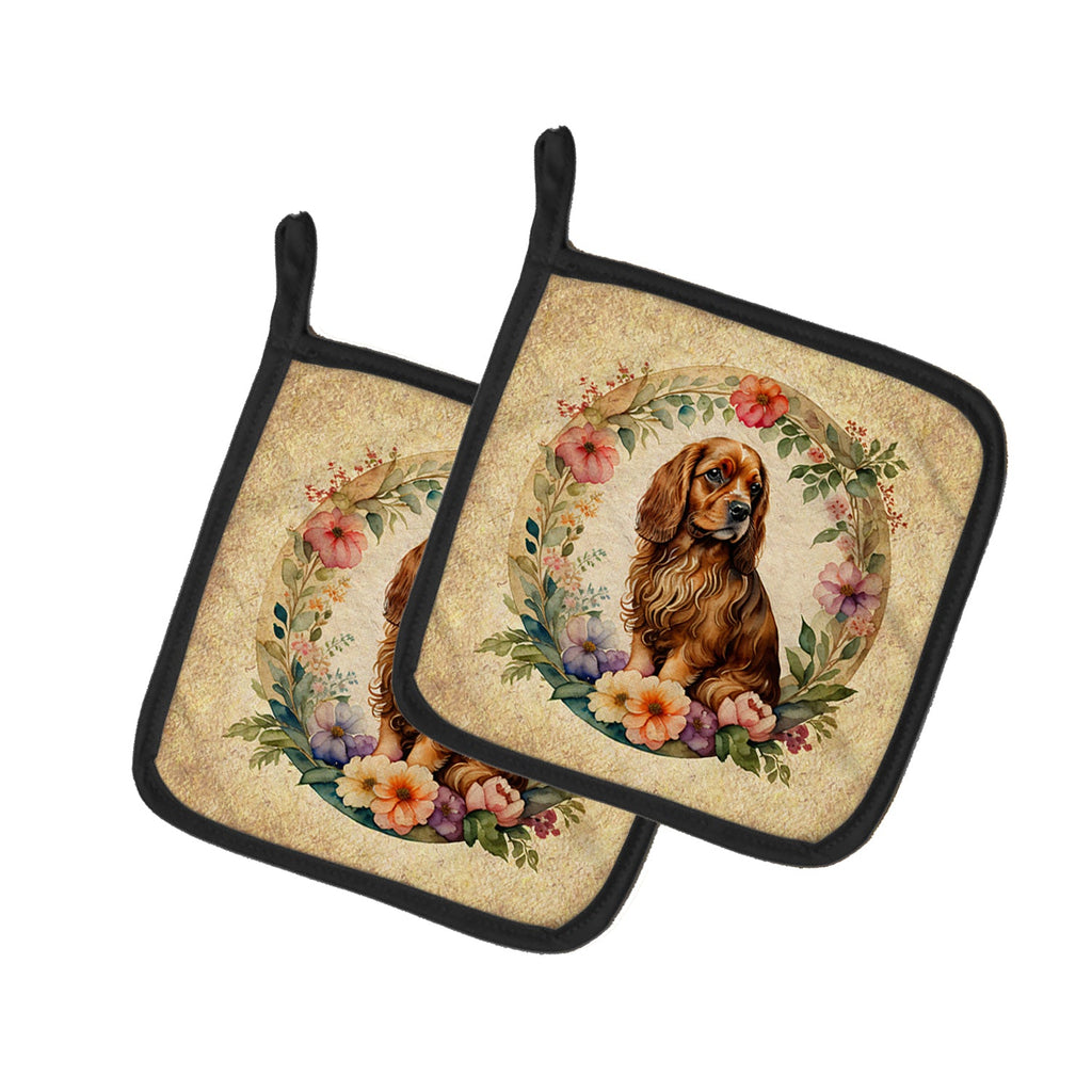 Sussex Spaniel and Flowers Pot Holder Set of 2 Heat Resistant Quilted Hot Pads 7.5 x 7.5 Inch, Insulated Kitchen Trivets for Cooking & Baking