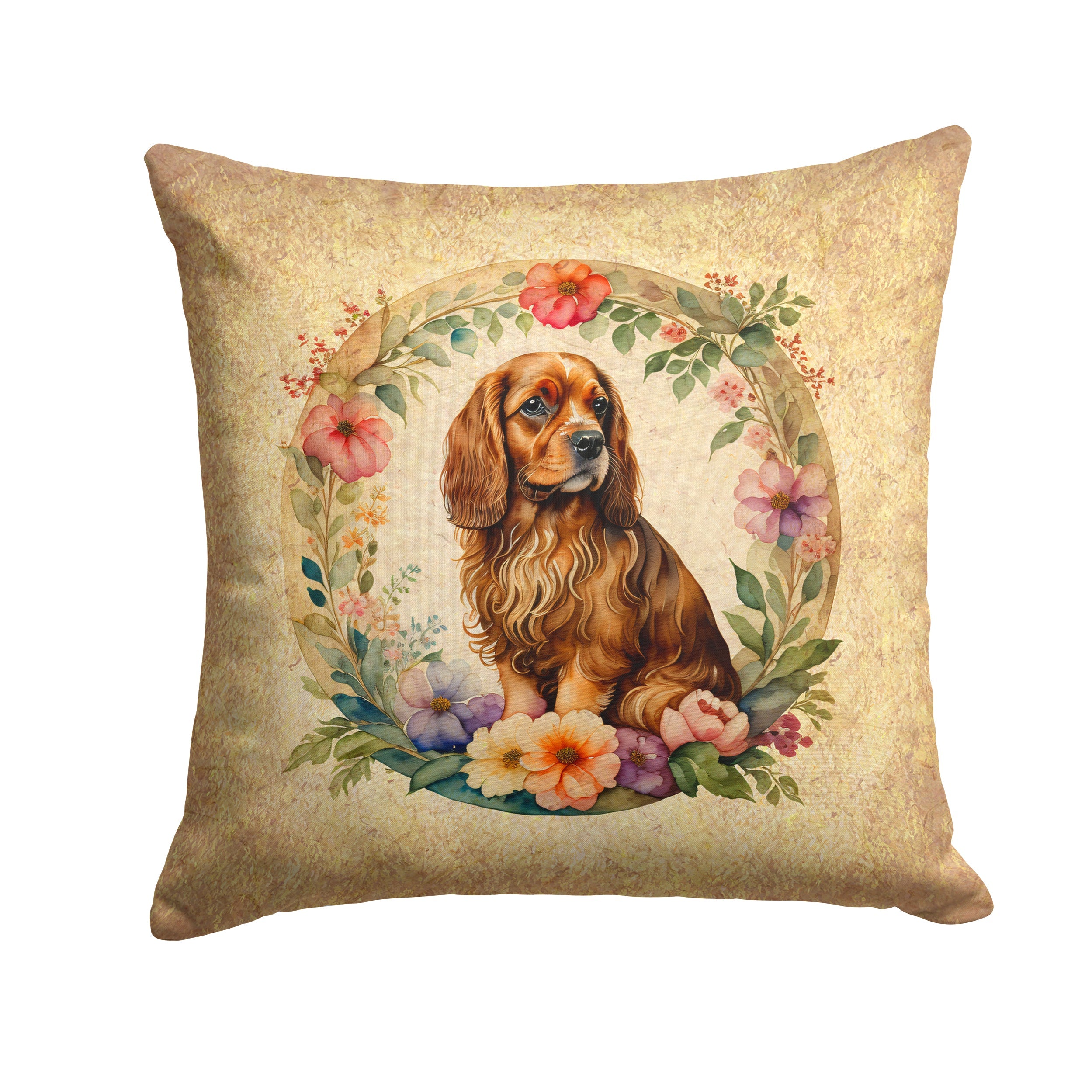 Sussex Spaniel and Flowers Decorative Throw Pillow 14x14 Indoor Outdoor Accent Cushion, Fabric Cover with Insert for Sofa, Bed, Porch & Living Room