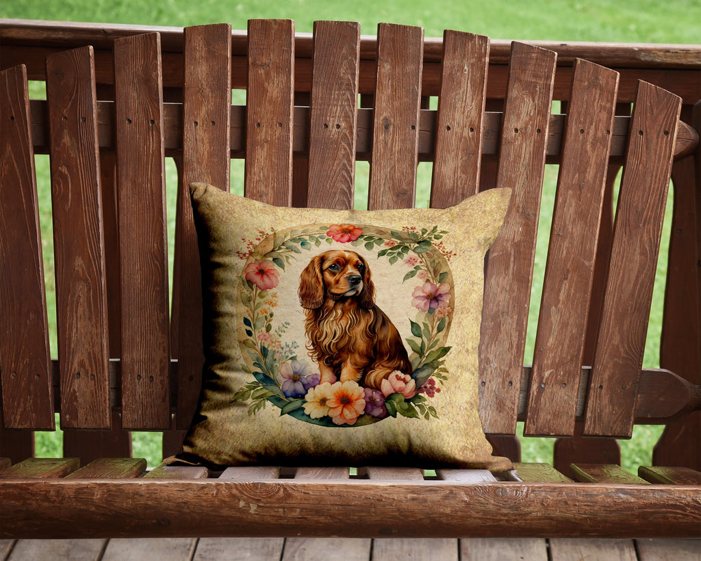 Sussex Spaniel and Flowers Decorative Throw Pillow 14x14 Indoor Outdoor Accent Cushion, Fabric Cover with Insert for Sofa, Bed, Porch & Living Room