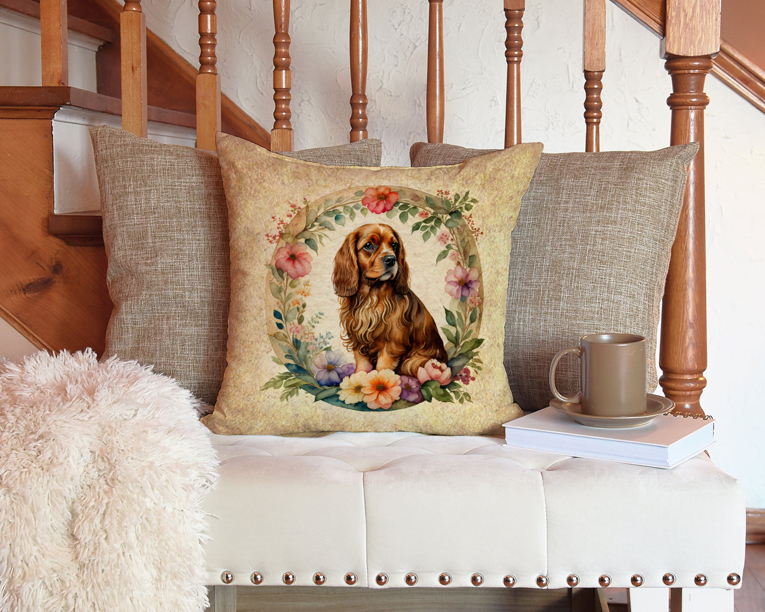 Sussex Spaniel and Flowers Decorative Throw Pillow 14x14 Indoor Outdoor Accent Cushion, Fabric Cover with Insert for Sofa, Bed, Porch & Living Room