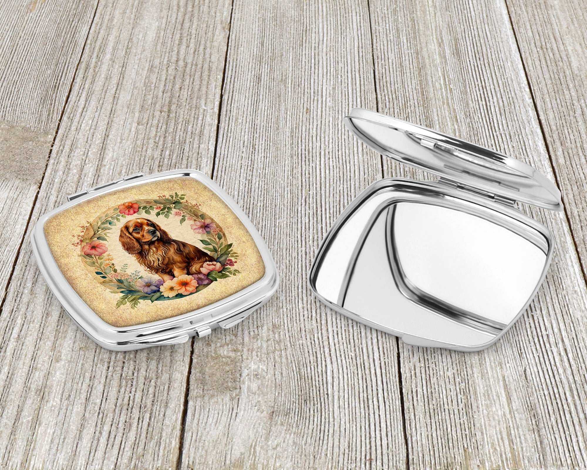 Sussex Spaniel and Flowers Compact Mirror Decorative Travel Makeup Mirror for Women Girls Gifts Pocket Makeup Mirror Folding Handheld