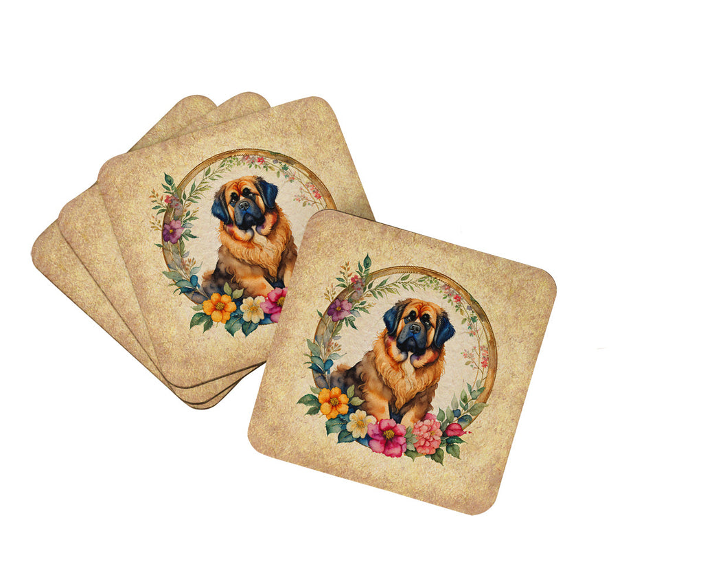 Tibetan Mastiff and Flowers Foam Coasters Set of 4 Cup Coasters for Indoor Outdoor, Tabletop Protection, Anti Slip, Mouse pad Material