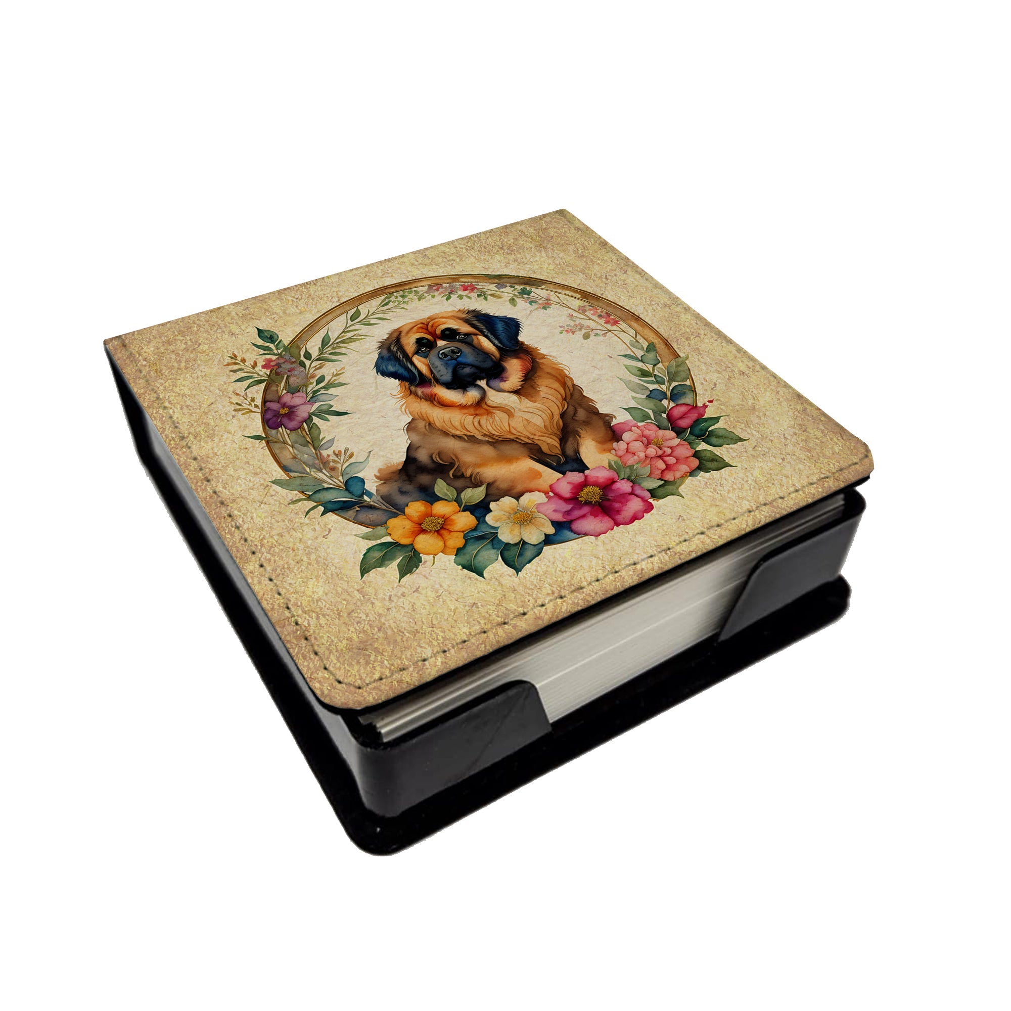 Tibetan Mastiff and Flowers PU Leather Note Paper Holder with Artist-Designed Cover, Desk Accessory, Office Gift