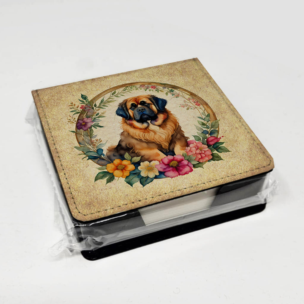 Tibetan Mastiff and Flowers PU Leather Note Paper Holder with Artist-Designed Cover, Desk Accessory, Office Gift