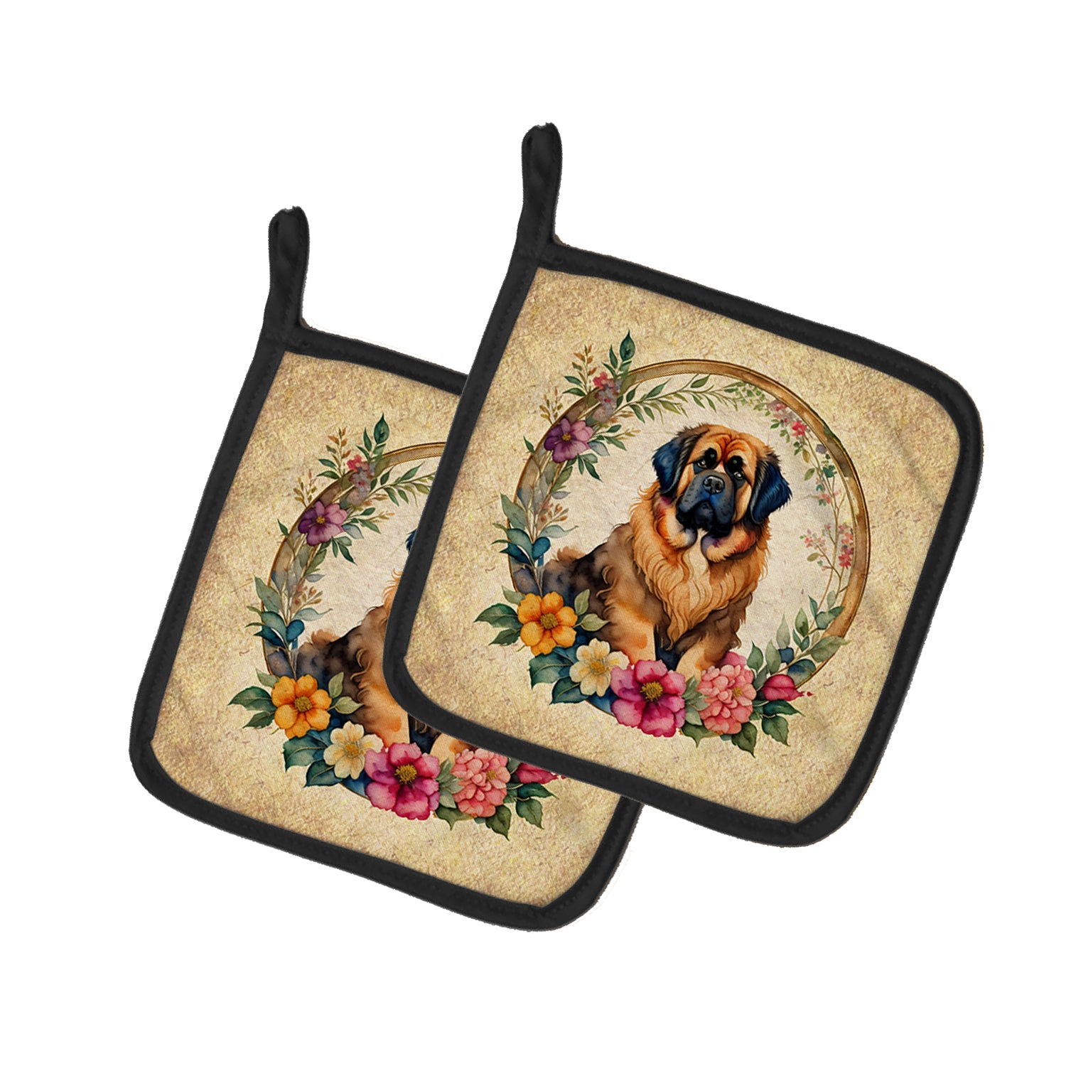 Tibetan Mastiff and Flowers Pot Holder Set of 2 Heat Resistant Quilted Hot Pads 7.5 x 7.5 Inch, Insulated Kitchen Trivets for Cooking & Baking