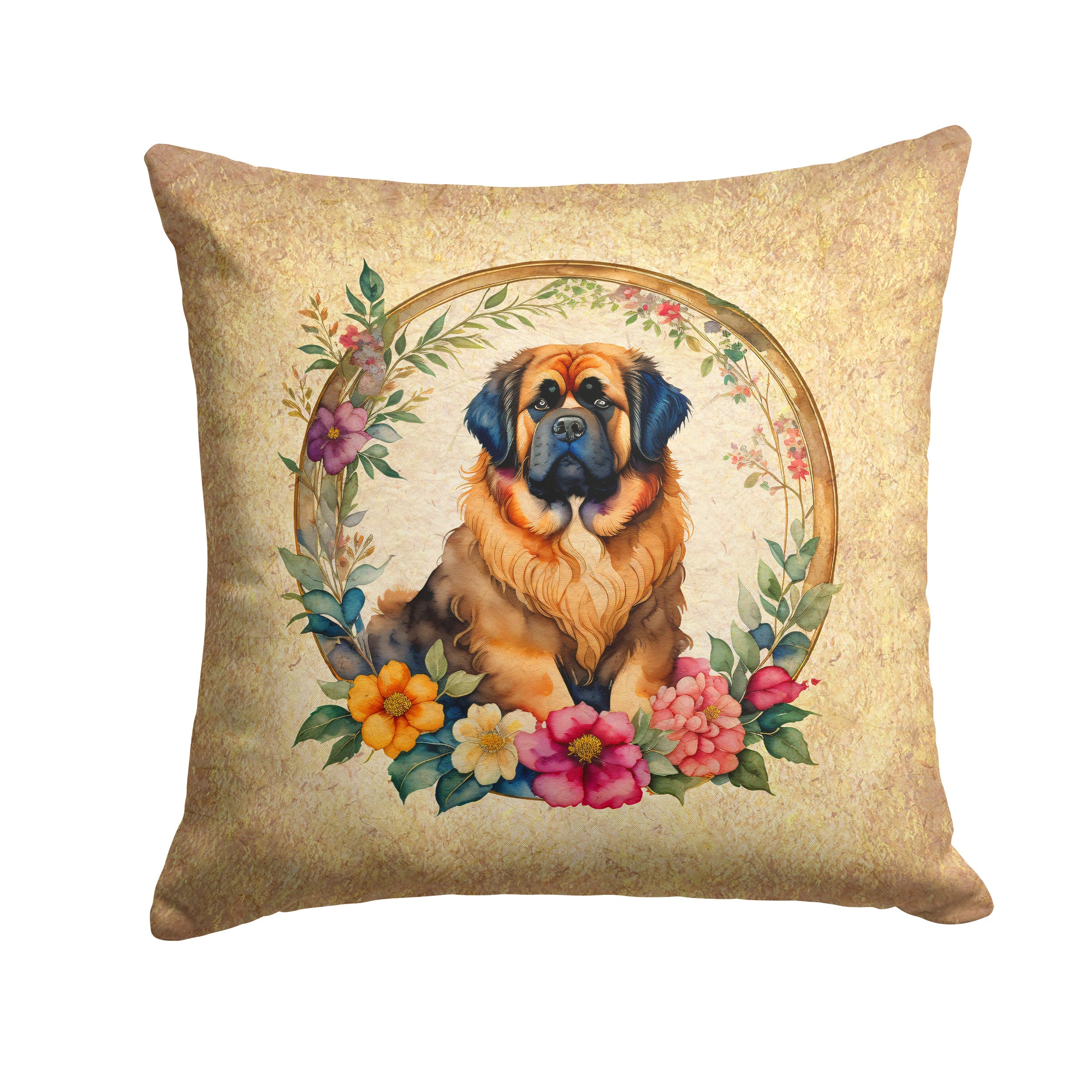 Tibetan Mastiff and Flowers Decorative Throw Pillow 14x14 Indoor Outdoor Accent Cushion, Fabric Cover with Insert for Sofa, Bed, Porch & Living Room