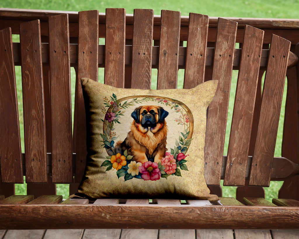 Tibetan Mastiff and Flowers Decorative Throw Pillow 14x14 Indoor Outdoor Accent Cushion, Fabric Cover with Insert for Sofa, Bed, Porch & Living Room