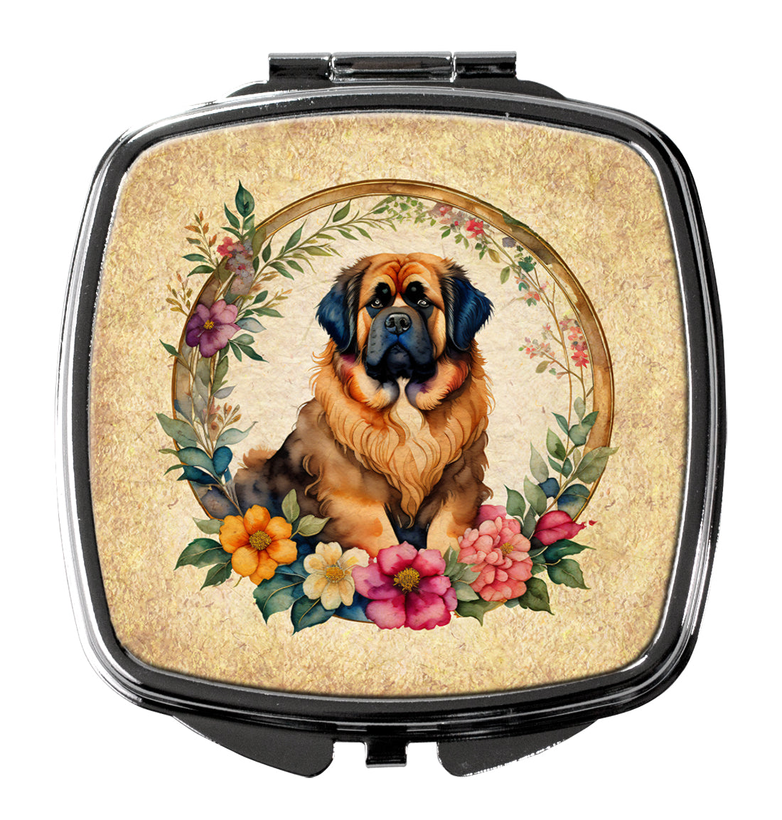 Tibetan Mastiff and Flowers Compact Mirror Decorative Travel Makeup Mirror for Women Girls Gifts Pocket Makeup Mirror Folding Handheld