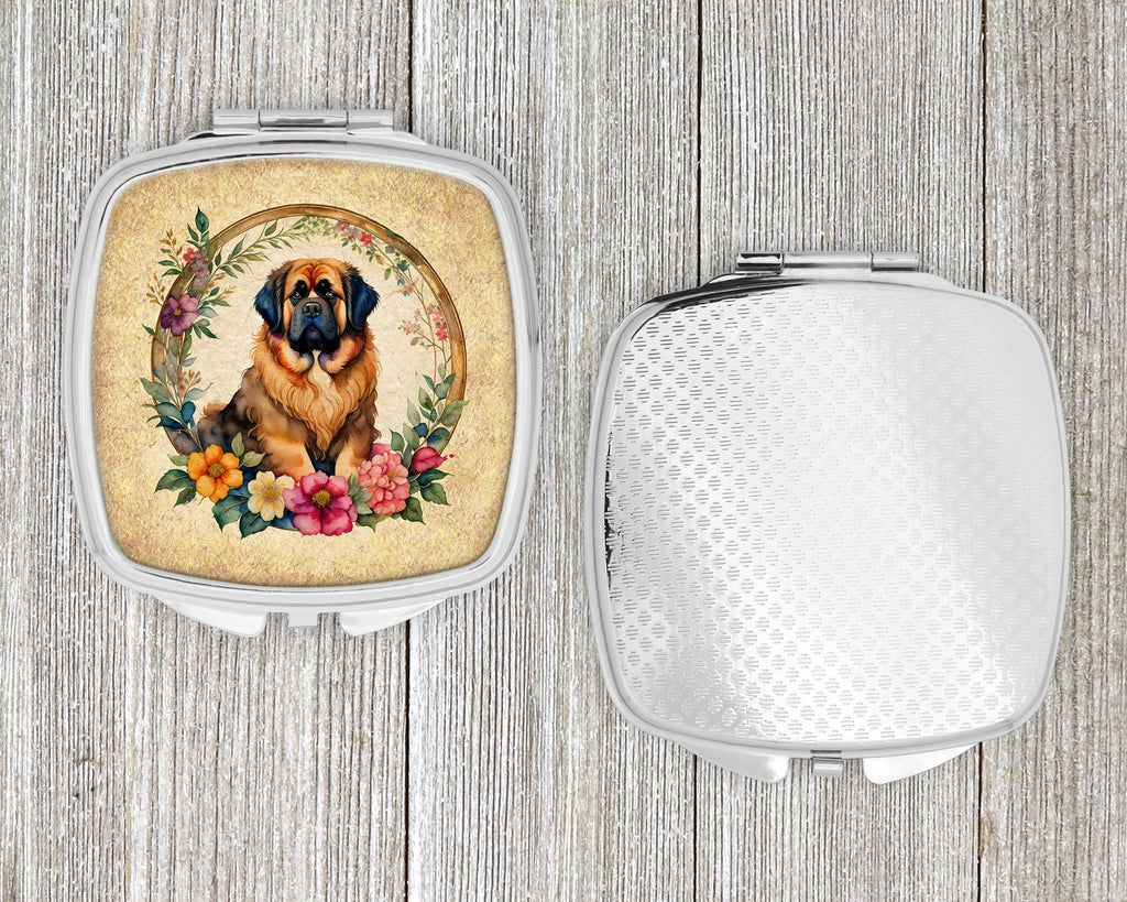 Tibetan Mastiff and Flowers Compact Mirror Decorative Travel Makeup Mirror for Women Girls Gifts Pocket Makeup Mirror Folding Handheld