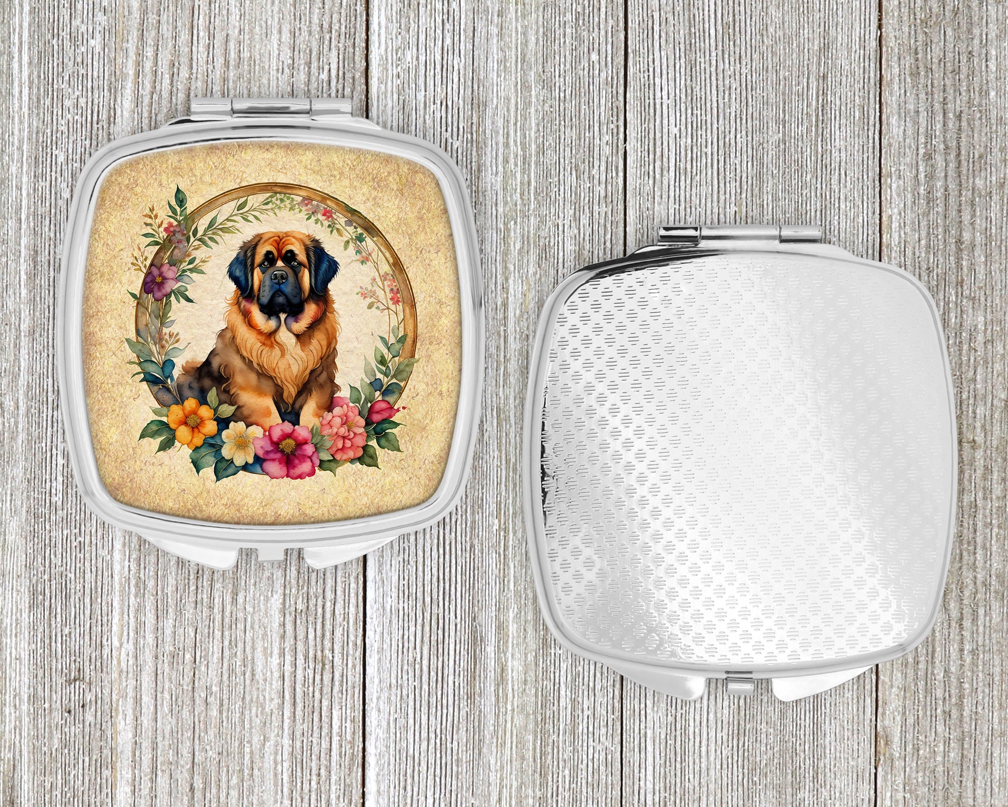 Tibetan Mastiff and Flowers Compact Mirror Decorative Travel Makeup Mirror for Women Girls Gifts Pocket Makeup Mirror Folding Handheld