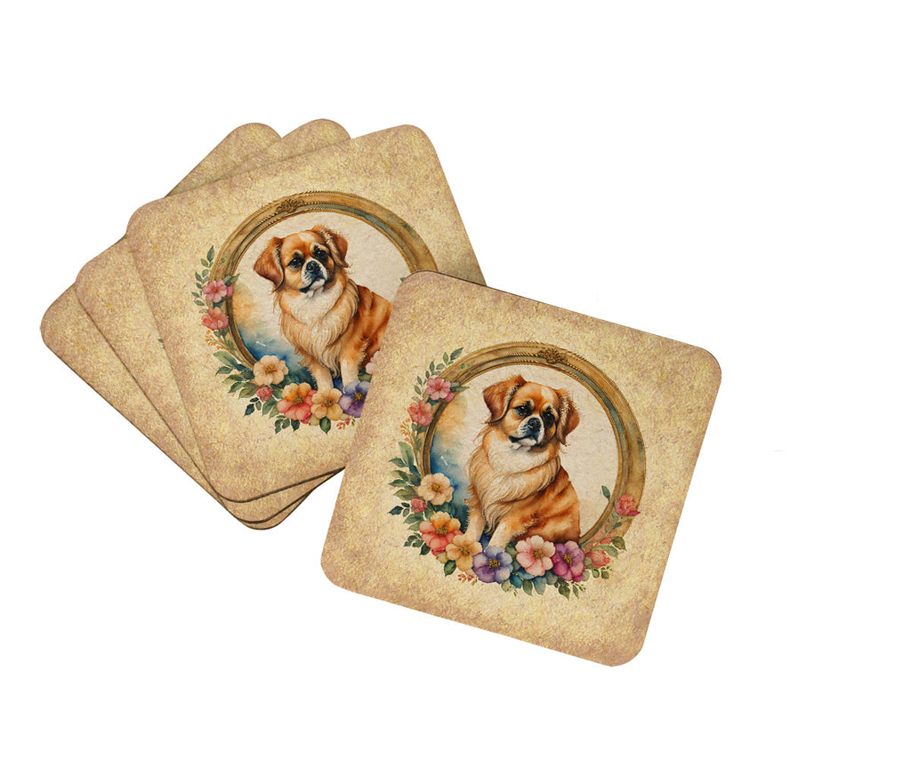 Tibetan Spaniel and Flowers Foam Coasters Set of 4 Cup Coasters for Indoor Outdoor, Tabletop Protection, Anti Slip, Mouse pad Material
