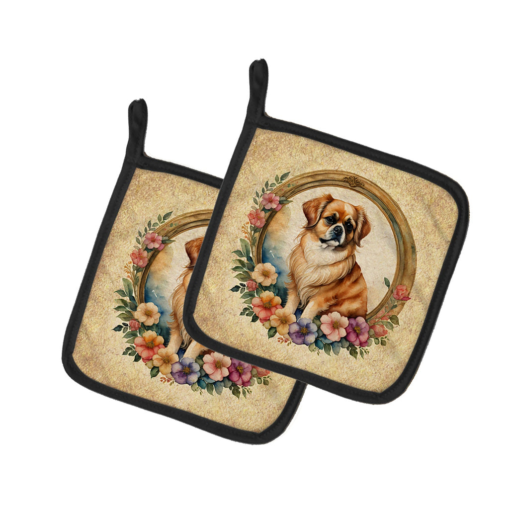 Tibetan Spaniel and Flowers Pot Holder Set of 2 Heat Resistant Quilted Hot Pads 7.5 x 7.5 Inch, Insulated Kitchen Trivets for Cooking & Baking