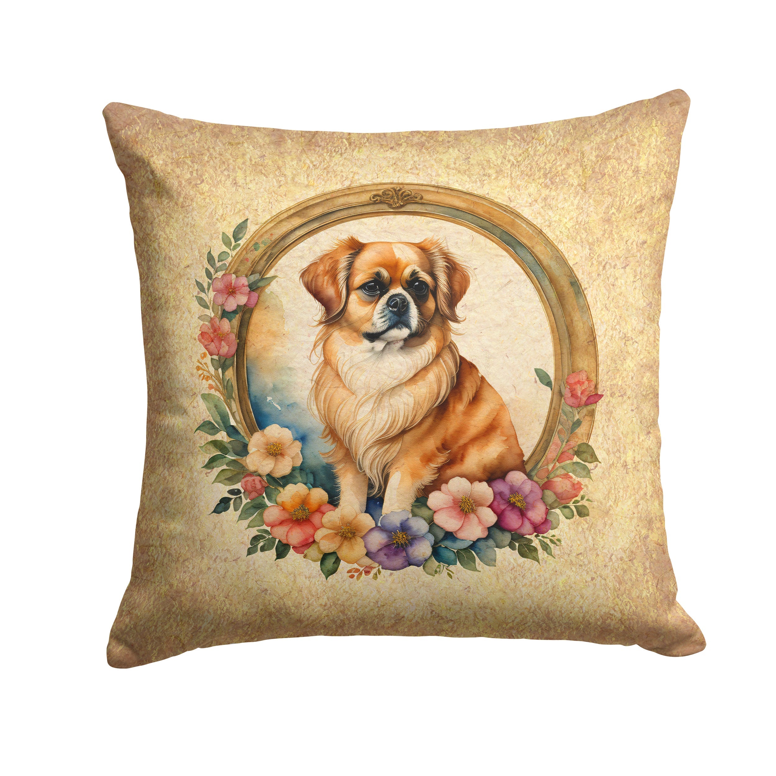 Tibetan Spaniel and Flowers Decorative Throw Pillow 14x14 Indoor Outdoor Accent Cushion, Fabric Cover with Insert for Sofa, Bed, Porch & Living Room