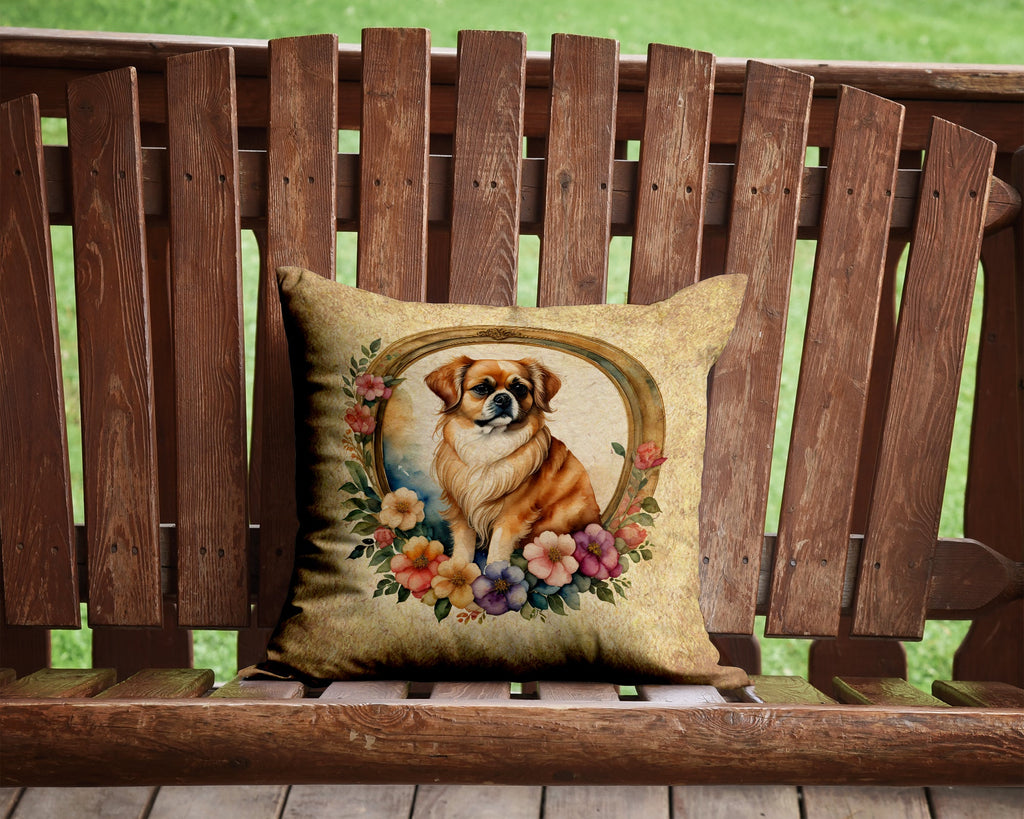Tibetan Spaniel and Flowers Decorative Throw Pillow 14x14 Indoor Outdoor Accent Cushion, Fabric Cover with Insert for Sofa, Bed, Porch & Living Room