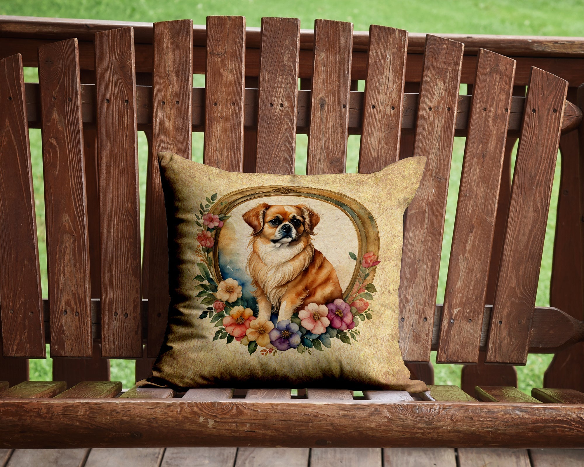 Tibetan Spaniel and Flowers Decorative Throw Pillow 14x14 Indoor Outdoor Accent Cushion, Fabric Cover with Insert for Sofa, Bed, Porch & Living Room