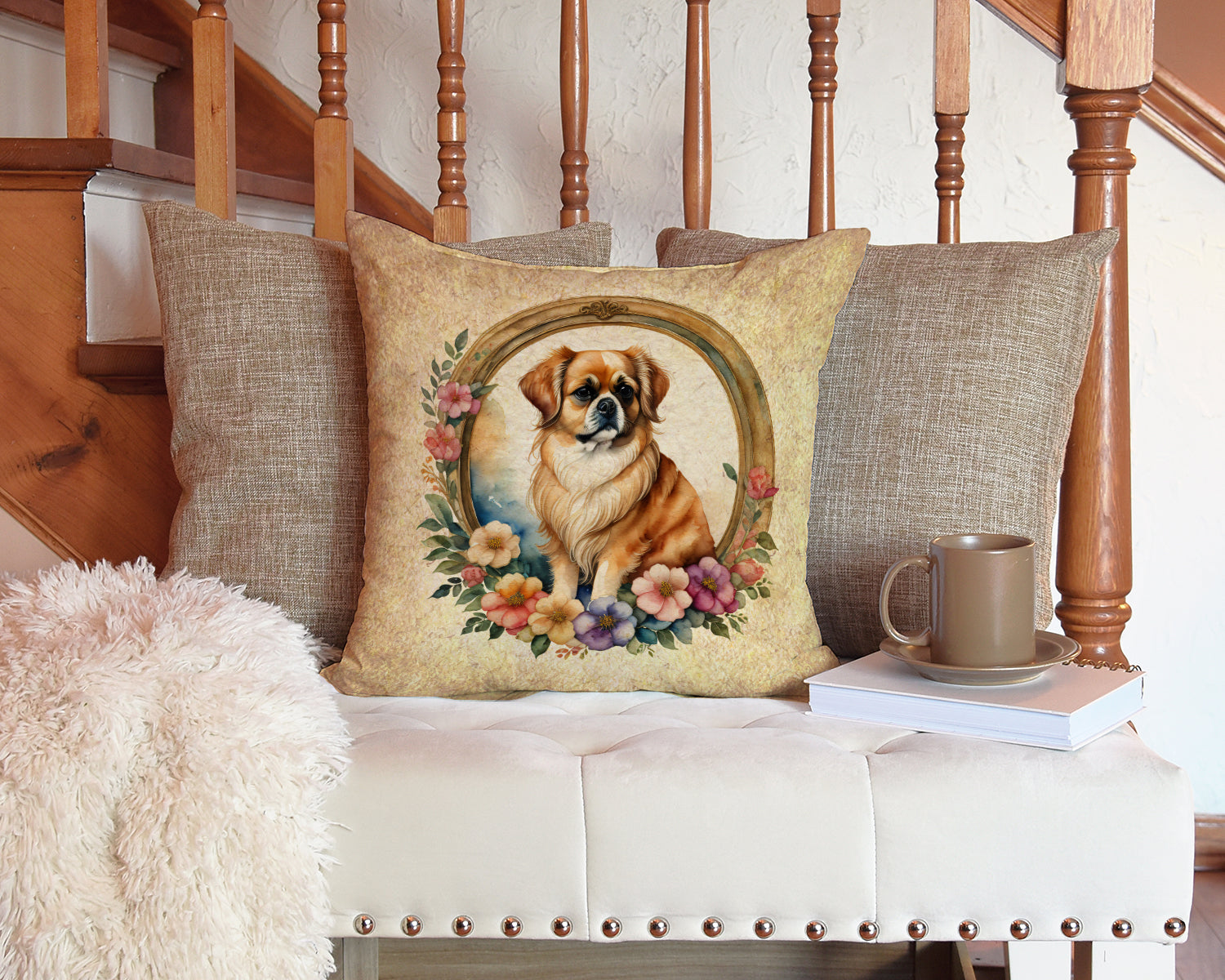 Tibetan Spaniel and Flowers Decorative Throw Pillow 14x14 Indoor Outdoor Accent Cushion, Fabric Cover with Insert for Sofa, Bed, Porch & Living Room