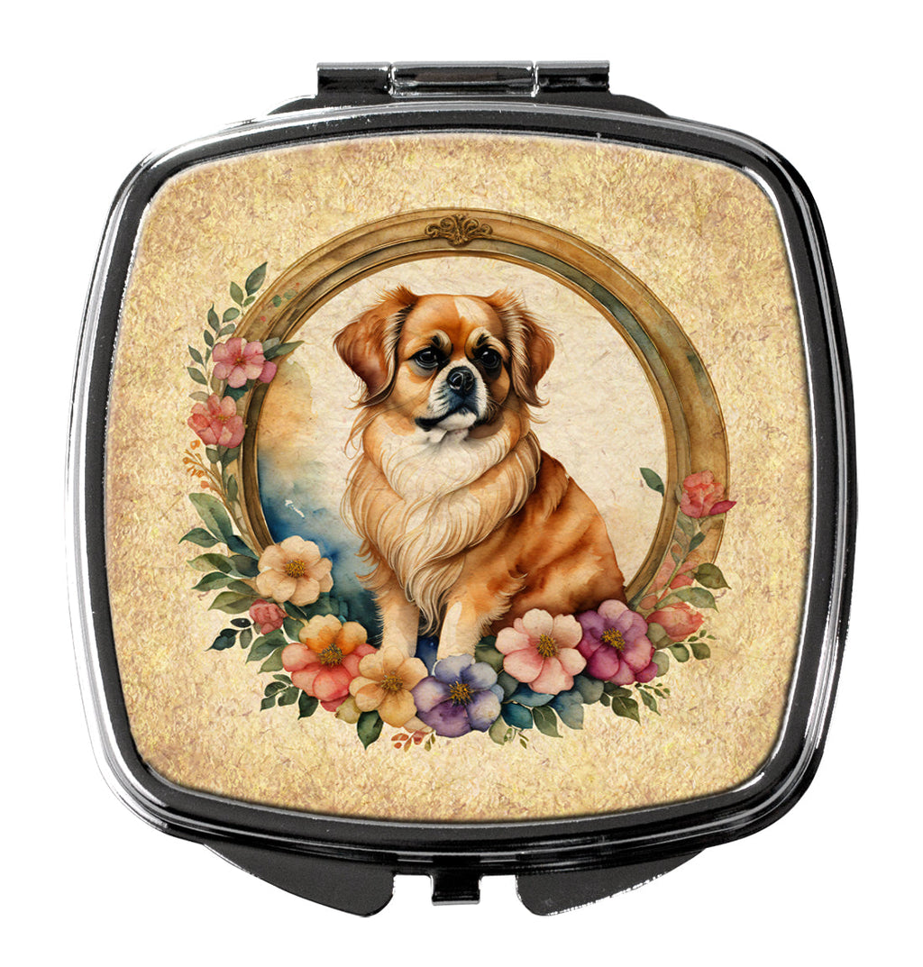 Tibetan Spaniel and Flowers Compact Mirror Decorative Travel Makeup Mirror for Women Girls Gifts Pocket Makeup Mirror Folding Handheld
