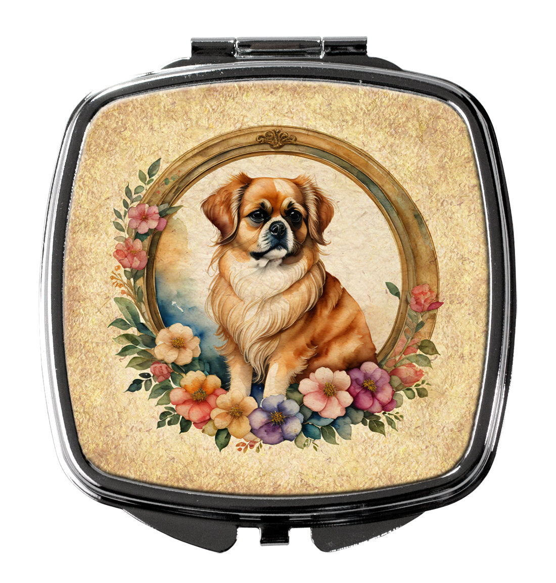 Tibetan Spaniel and Flowers Compact Mirror Decorative Travel Makeup Mirror for Women Girls Gifts Pocket Makeup Mirror Folding Handheld
