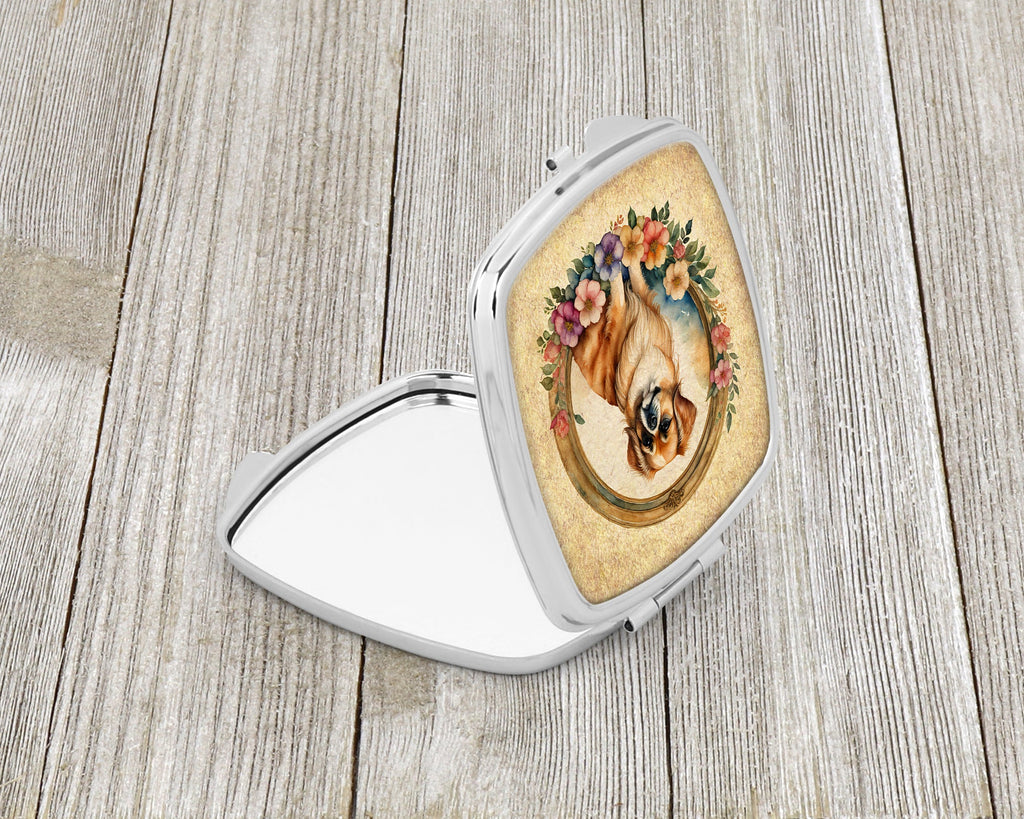 Tibetan Spaniel and Flowers Compact Mirror Decorative Travel Makeup Mirror for Women Girls Gifts Pocket Makeup Mirror Folding Handheld