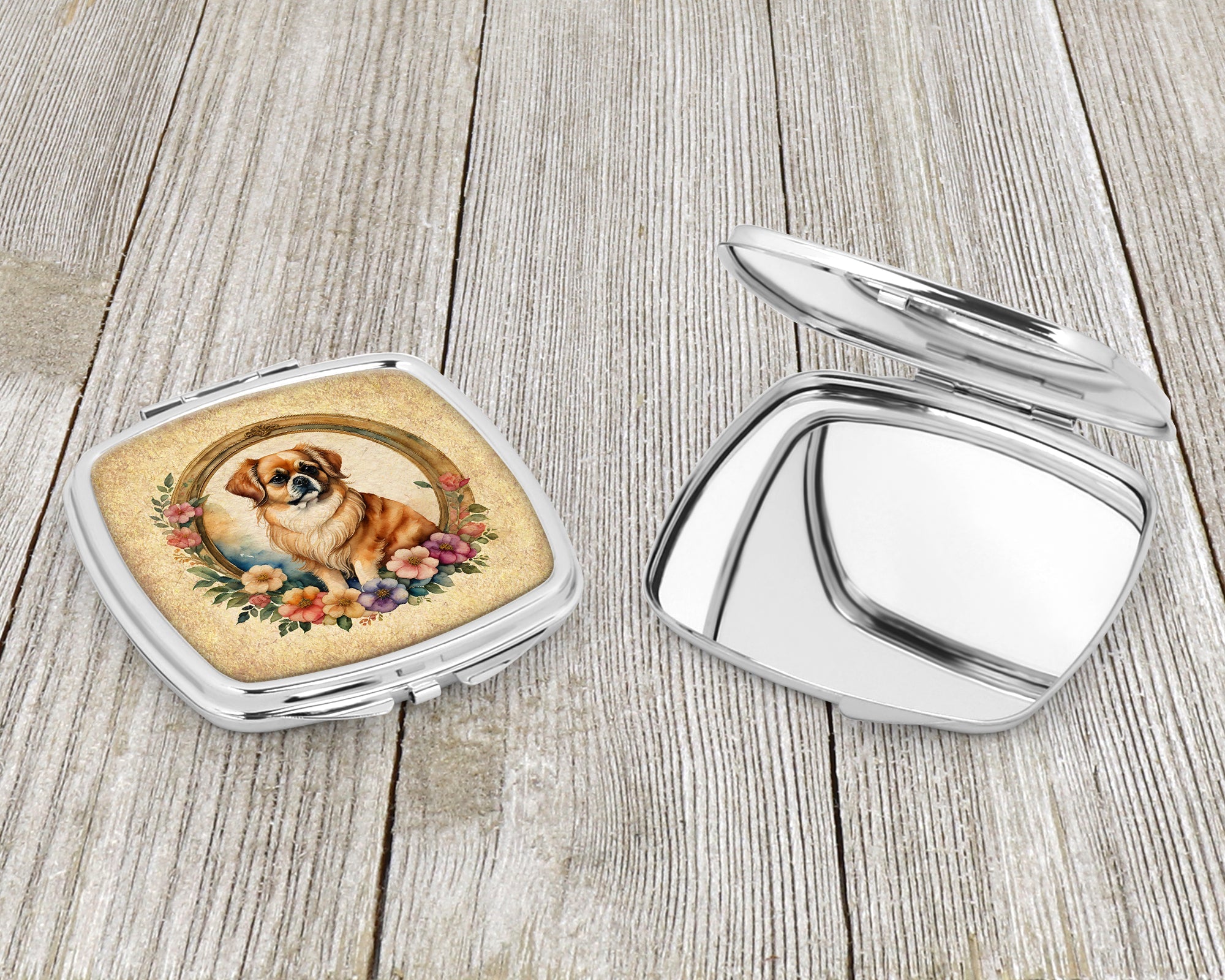 Tibetan Spaniel and Flowers Compact Mirror Decorative Travel Makeup Mirror for Women Girls Gifts Pocket Makeup Mirror Folding Handheld