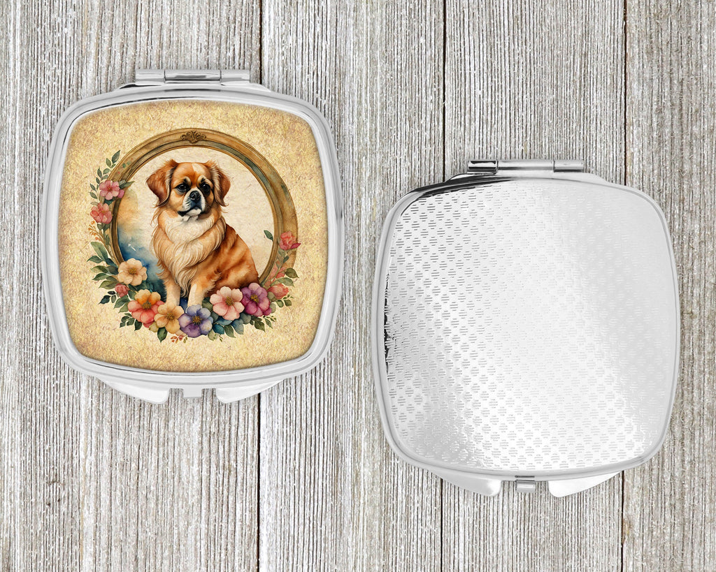 Tibetan Spaniel and Flowers Compact Mirror Decorative Travel Makeup Mirror for Women Girls Gifts Pocket Makeup Mirror Folding Handheld