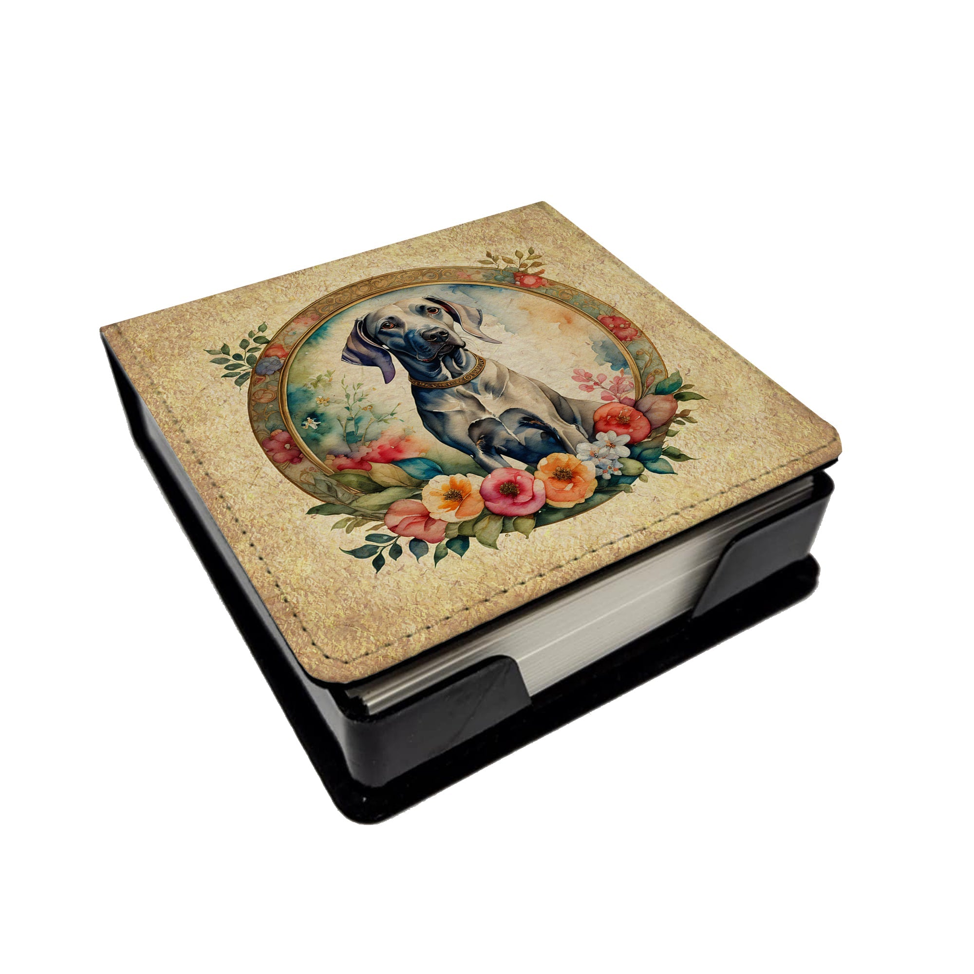 Weimaraner and Flowers PU Leather Note Paper Holder with Artist-Designed Cover, Desk Accessory, Office Gift
