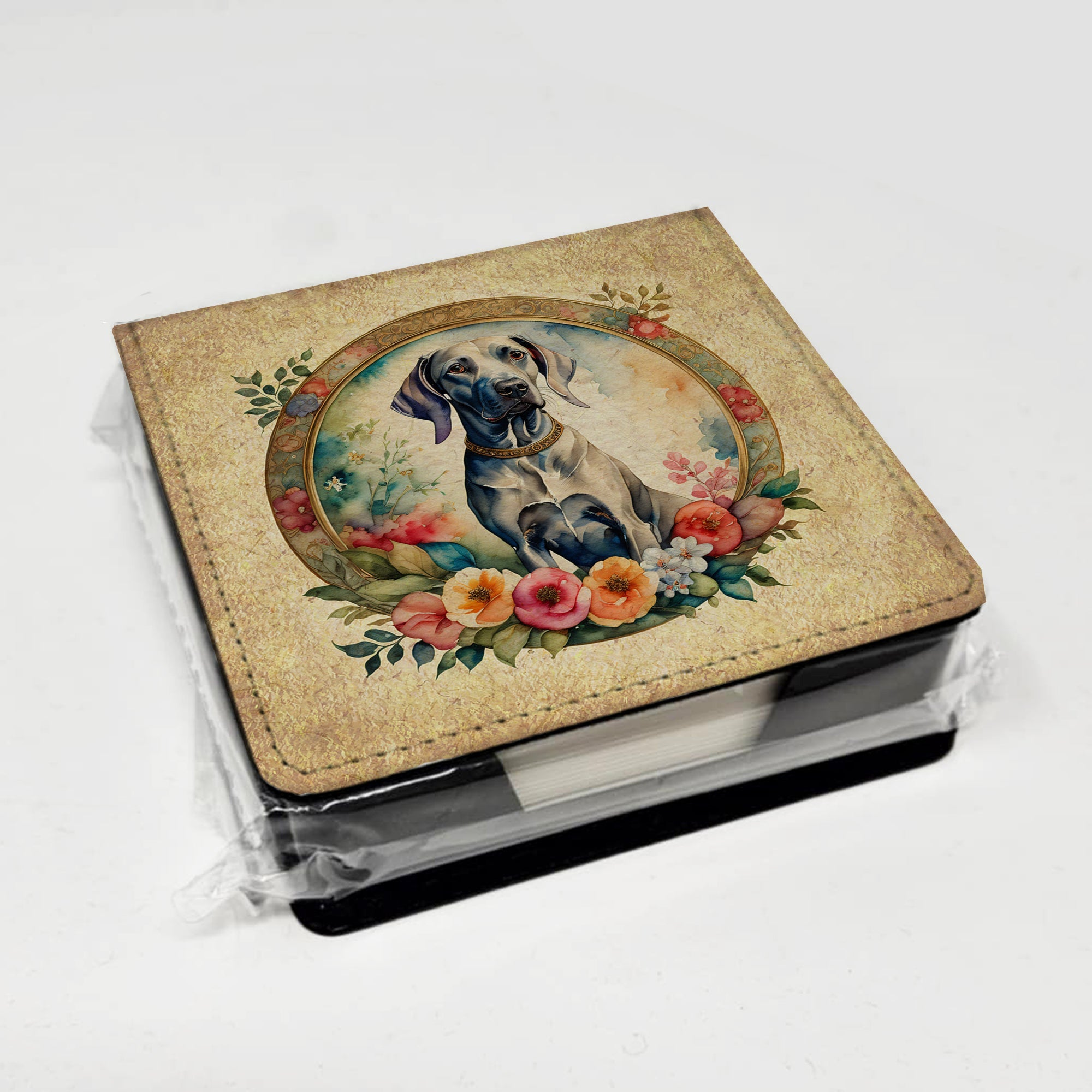 Weimaraner and Flowers PU Leather Note Paper Holder with Artist-Designed Cover, Desk Accessory, Office Gift