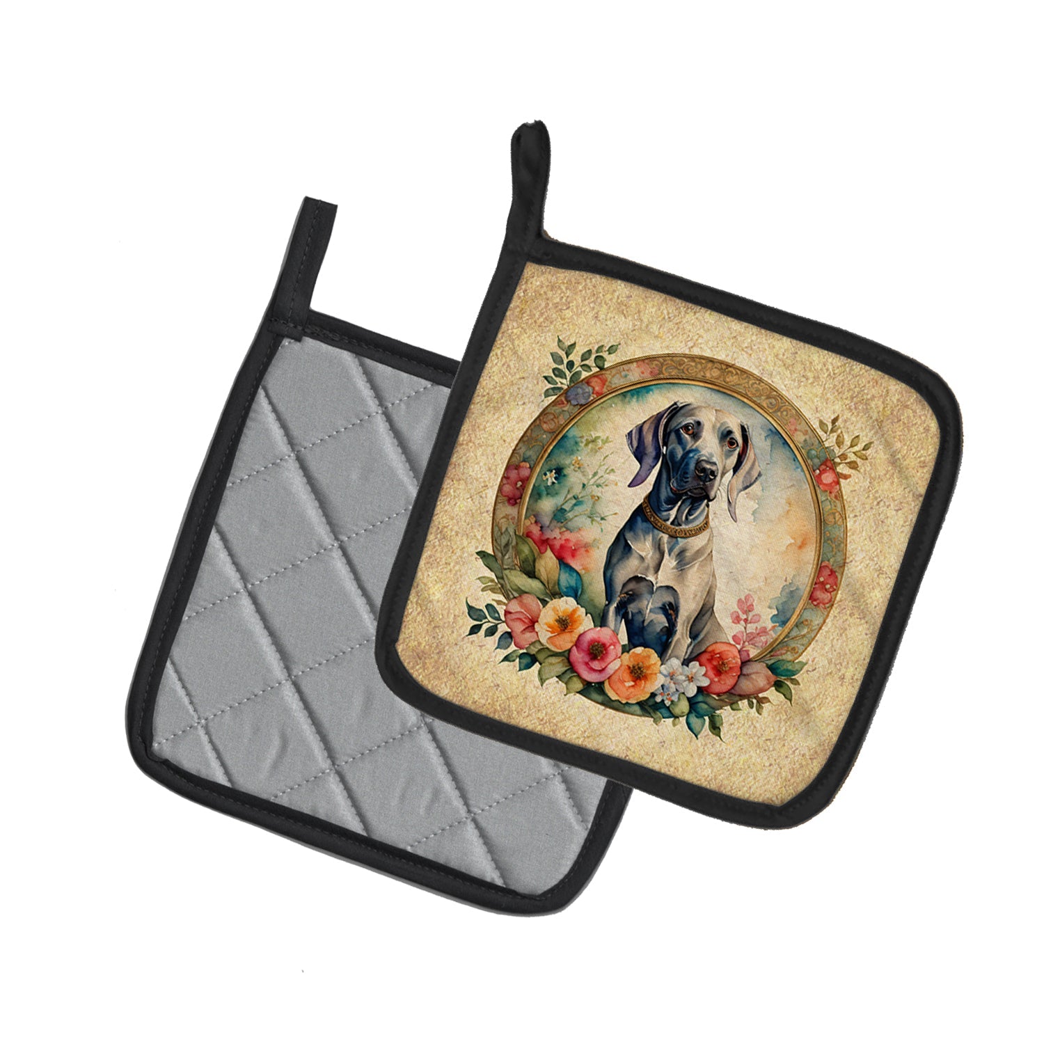 Weimaraner and Flowers Pot Holder Set of 2 Heat Resistant Quilted Hot Pads 7.5 x 7.5 Inch, Insulated Kitchen Trivets for Cooking & Baking