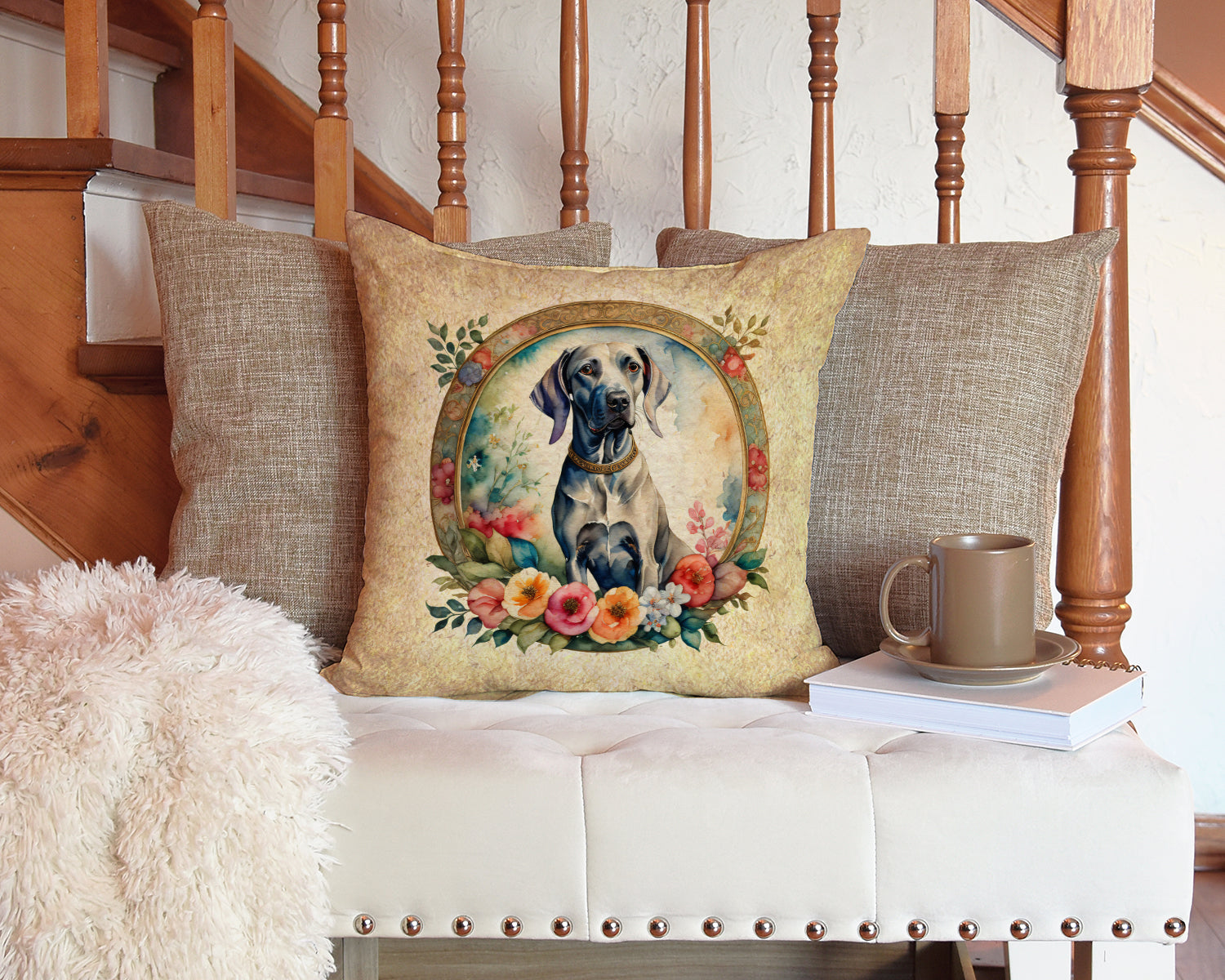 Weimaraner and Flowers Decorative Throw Pillow 14x14 Indoor Outdoor Accent Cushion, Fabric Cover with Insert for Sofa, Bed, Porch & Living Room