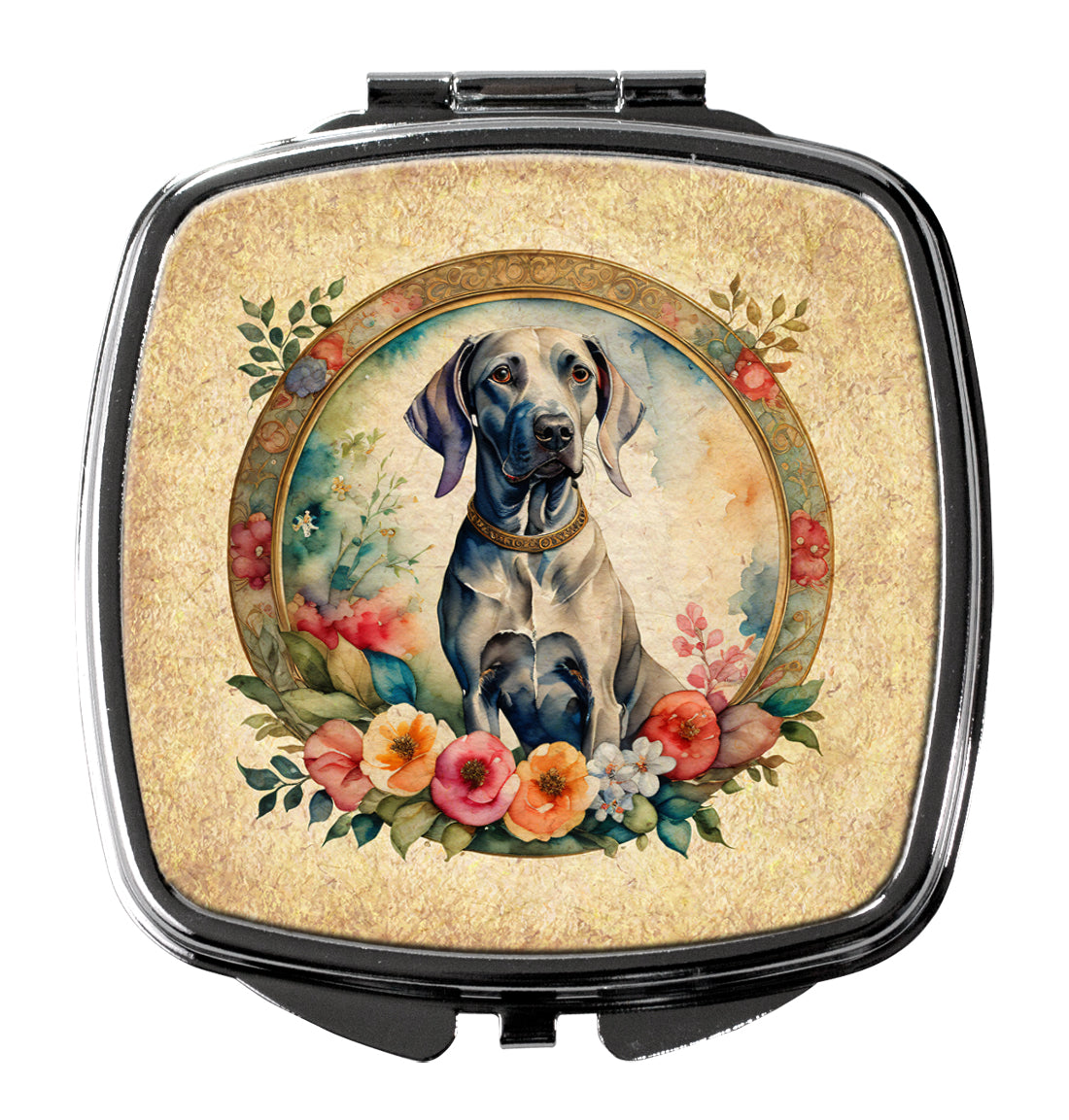 Weimaraner and Flowers Compact Mirror Decorative Travel Makeup Mirror for Women Girls Gifts Pocket Makeup Mirror Folding Handheld