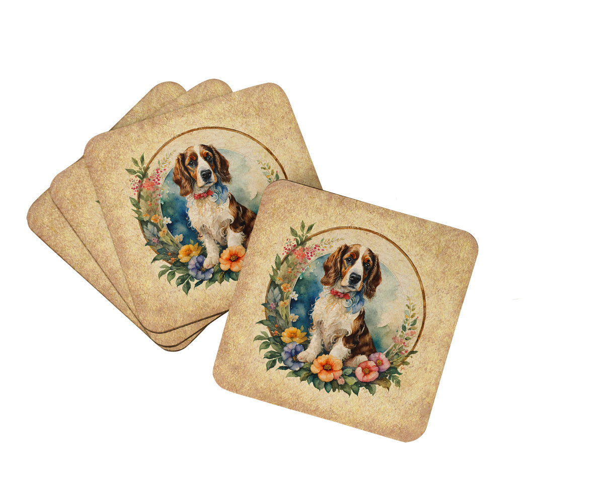 Welsh Springer Spaniel and Flowers Foam Coasters Set of 4 Cup Coasters for Indoor Outdoor, Tabletop Protection, Anti Slip, Mouse pad Material