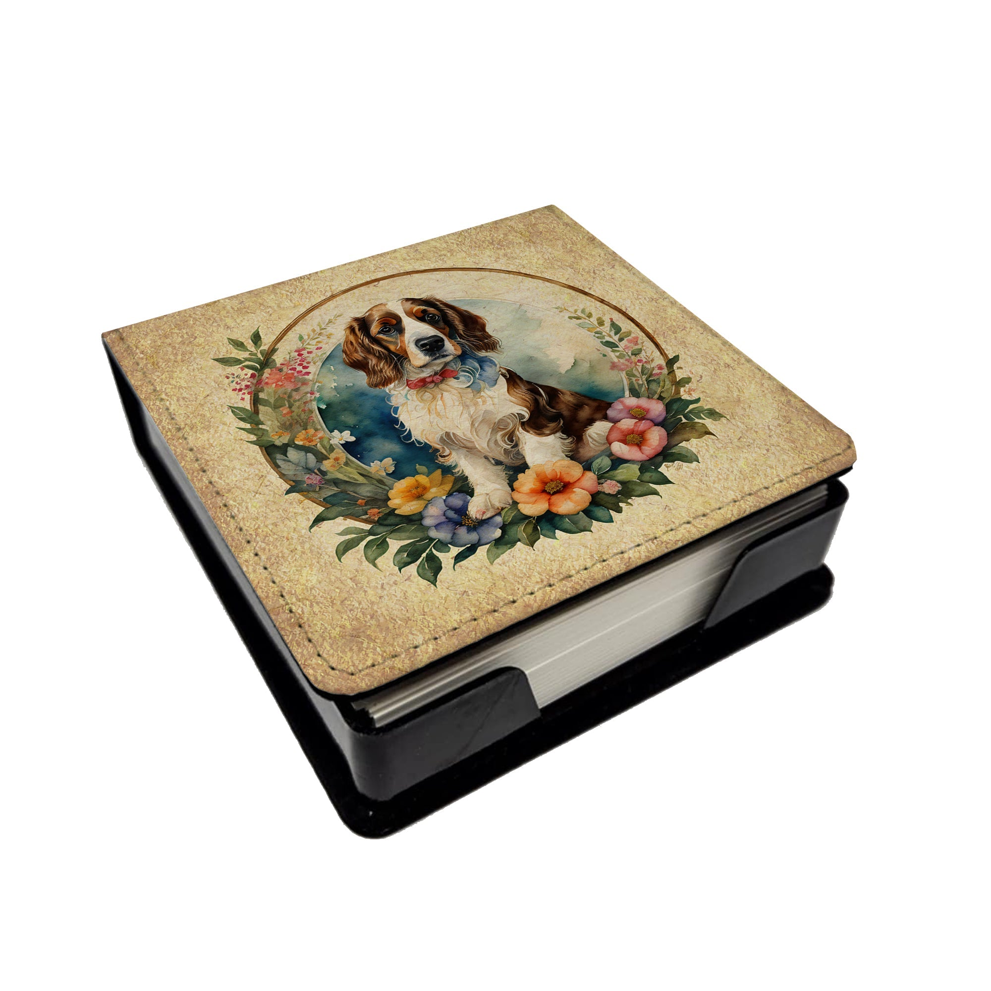Welsh Springer Spaniel and Flowers PU Leather Note Paper Holder with Artist-Designed Cover, Desk Accessory, Office Gift
