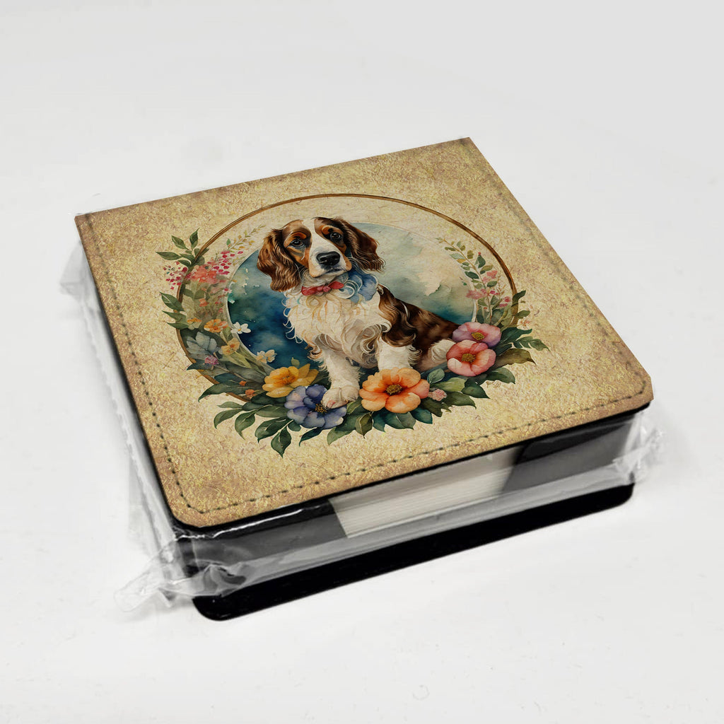 Welsh Springer Spaniel and Flowers PU Leather Note Paper Holder with Artist-Designed Cover, Desk Accessory, Office Gift