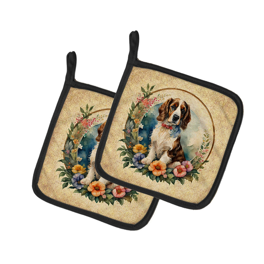 Welsh Springer Spaniel and Flowers Pot Holder Set of 2 Heat Resistant Quilted Hot Pads 7.5 x 7.5 Inch, Insulated Kitchen Trivets for Cooking & Baking