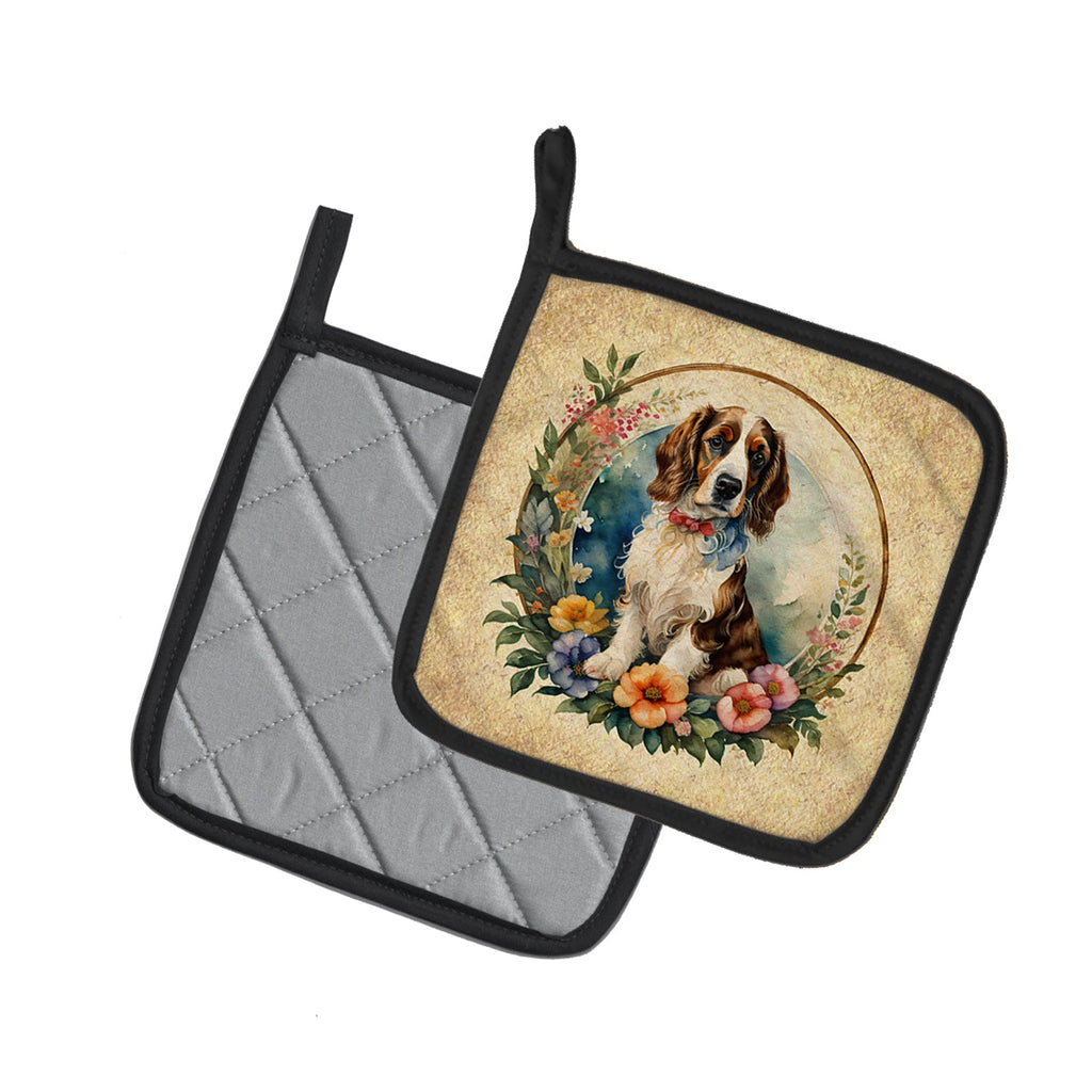 Welsh Springer Spaniel and Flowers Pot Holder Set of 2 Heat Resistant Quilted Hot Pads 7.5 x 7.5 Inch, Insulated Kitchen Trivets for Cooking & Baking