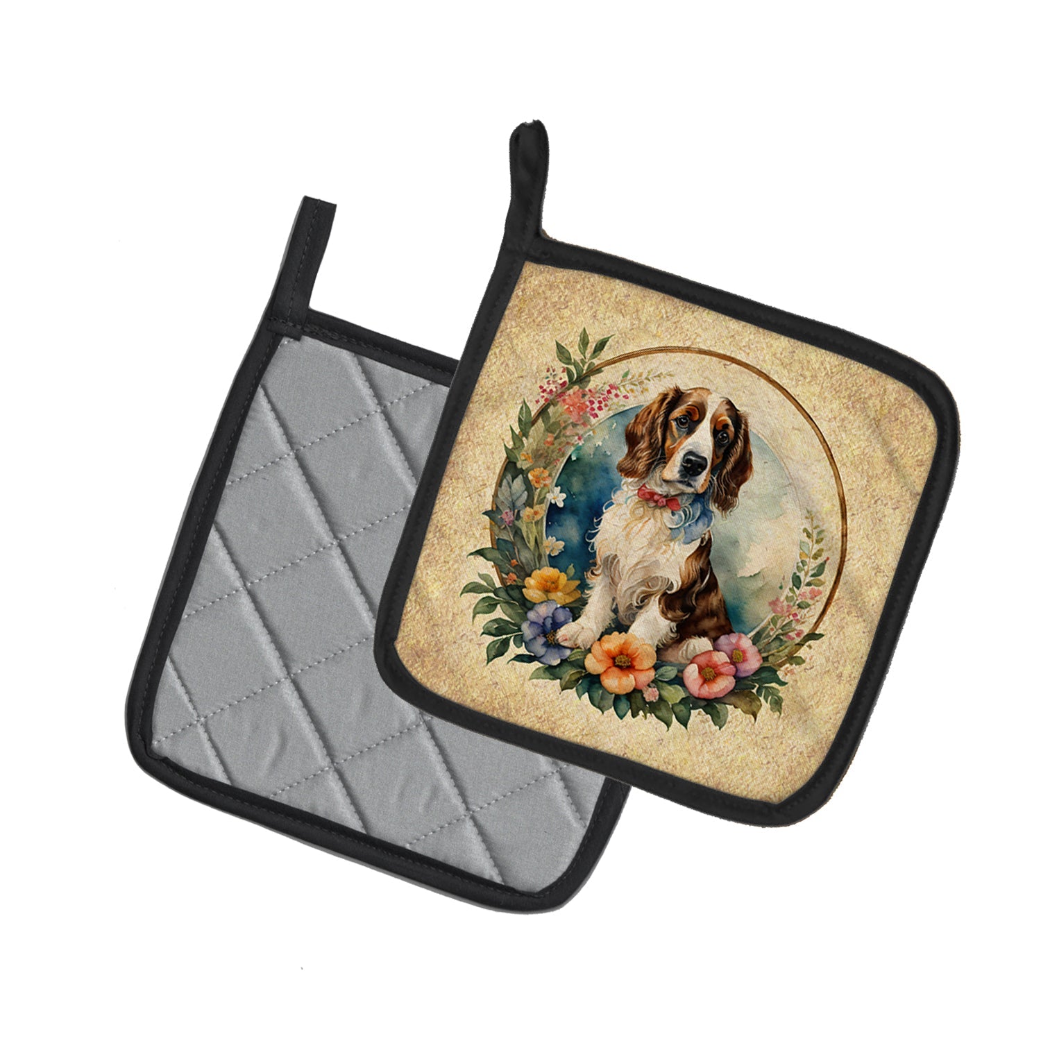 Welsh Springer Spaniel and Flowers Pot Holder Set of 2 Heat Resistant Quilted Hot Pads 7.5 x 7.5 Inch, Insulated Kitchen Trivets for Cooking & Baking